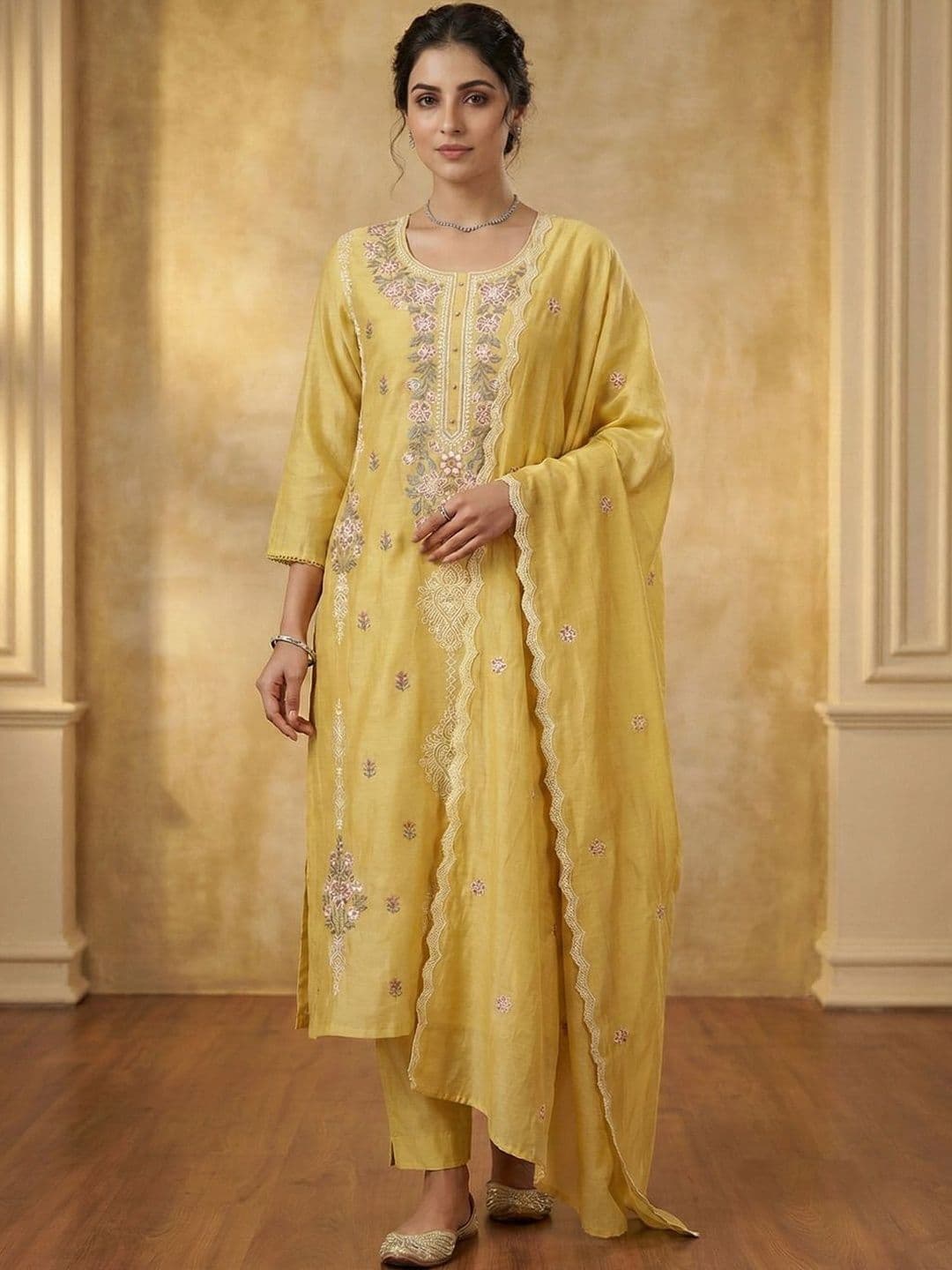 Women Embroidered Kurta with Trousers With Dupatta Inddus Women Floral Embroidered Regular Thread Work Chanderi Cotton Kurta with Trousers & With Dupatta