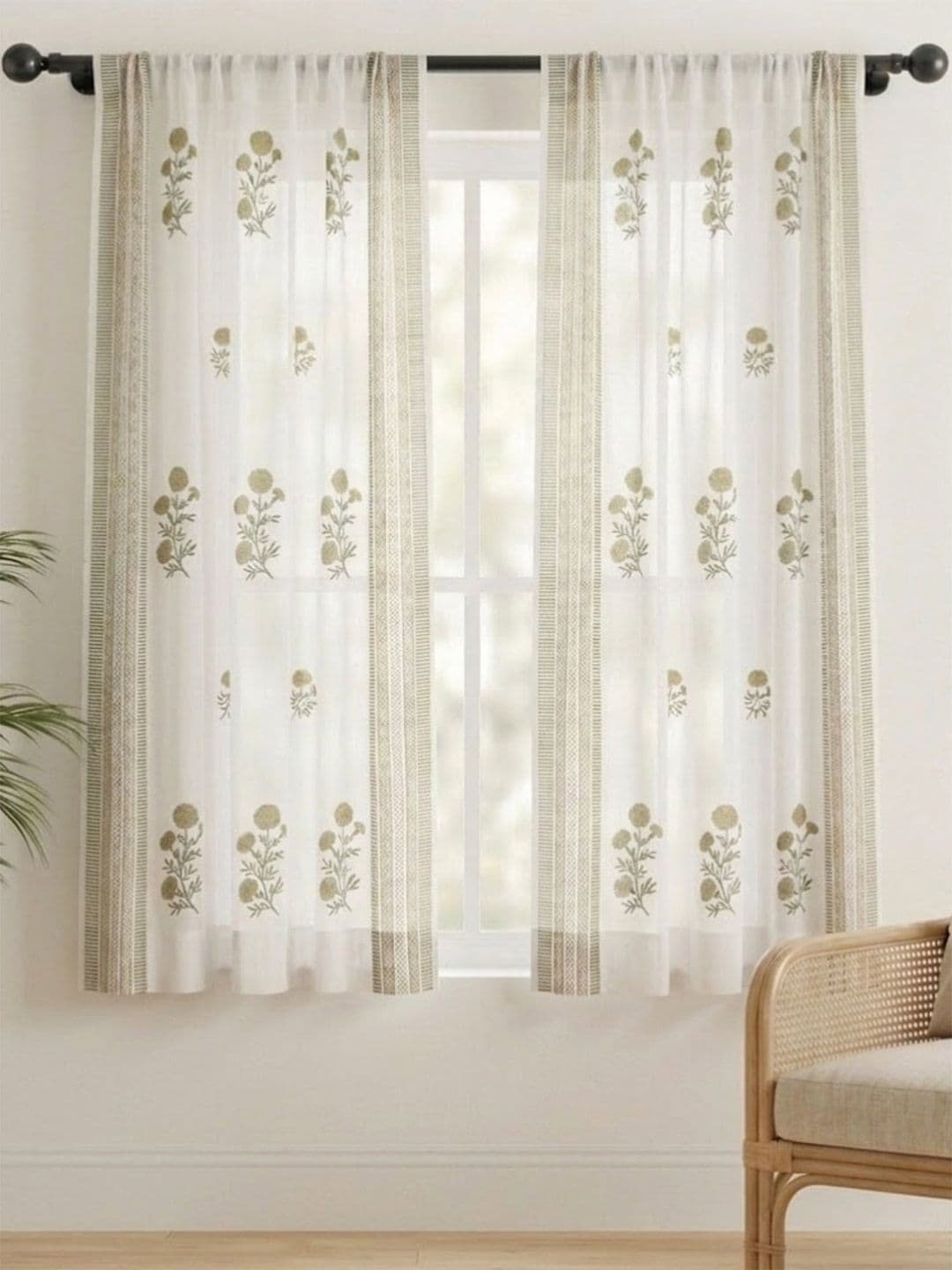 Peepul Tree Peepul Tree Olive Green Floral Printed Sheer Cotton Window Curtain