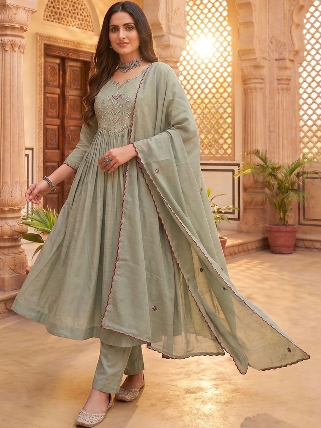 Women Embroidered Kurta with Trousers With Dupatta Inddus Women Ethnic Motifs Embroidered Panelled Thread Work Chanderi Cotton Kurta with Trousers & With