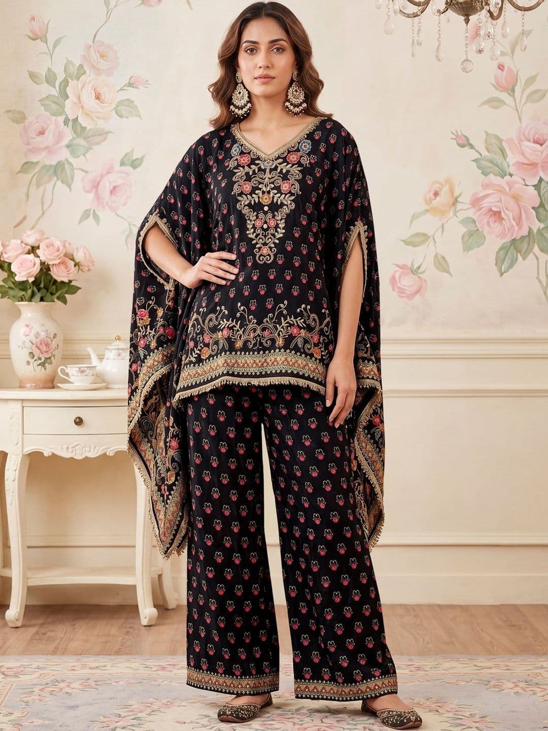 Bohemian Embroidered Co-Ords Inddus Bohemian Silk Embroidered Tunic with Palazzos