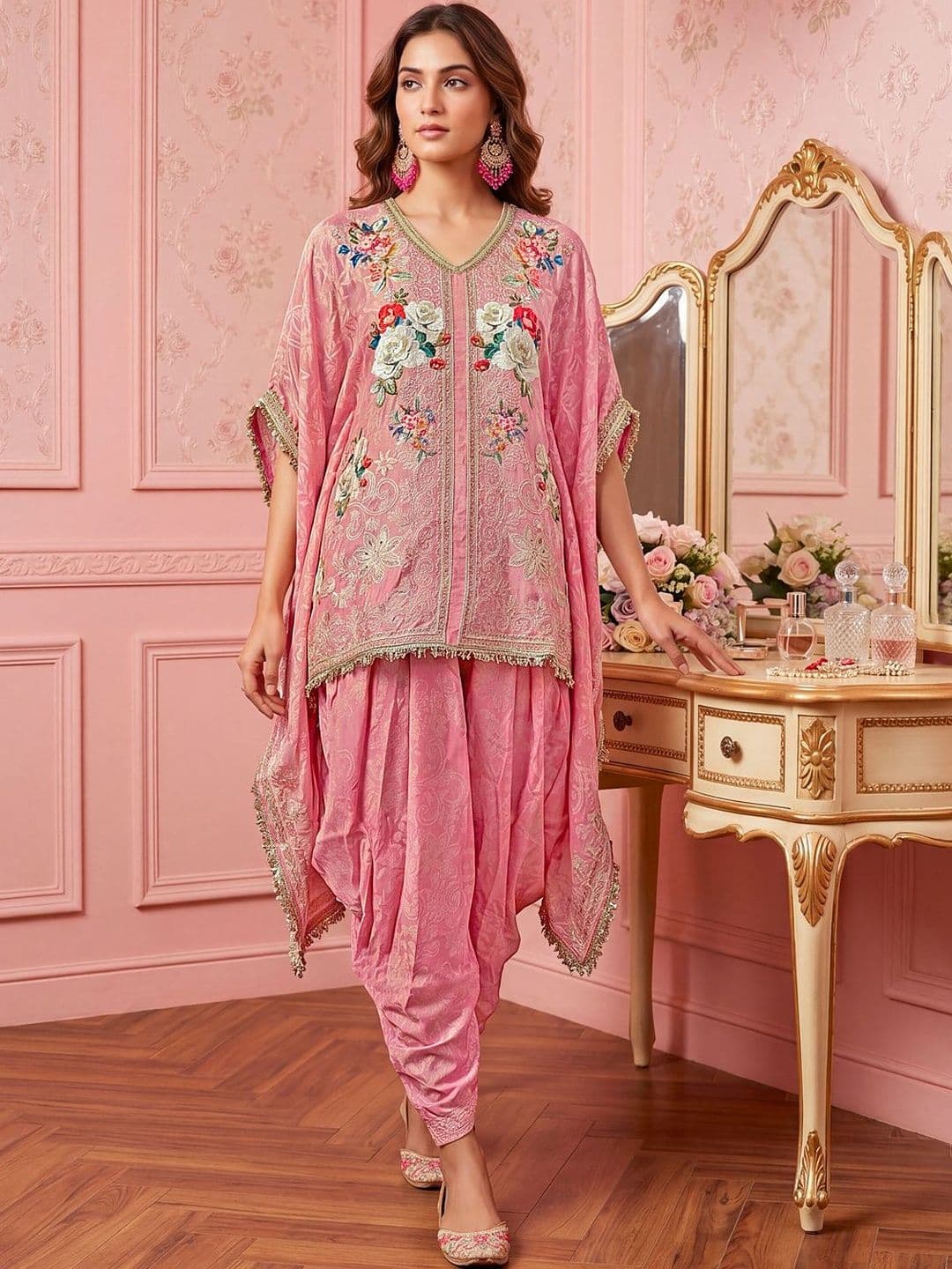 Romantic Florals Embroidered Co-Ords Inddus Romantic Florals Silk Embroidered Tunic with Palazzos