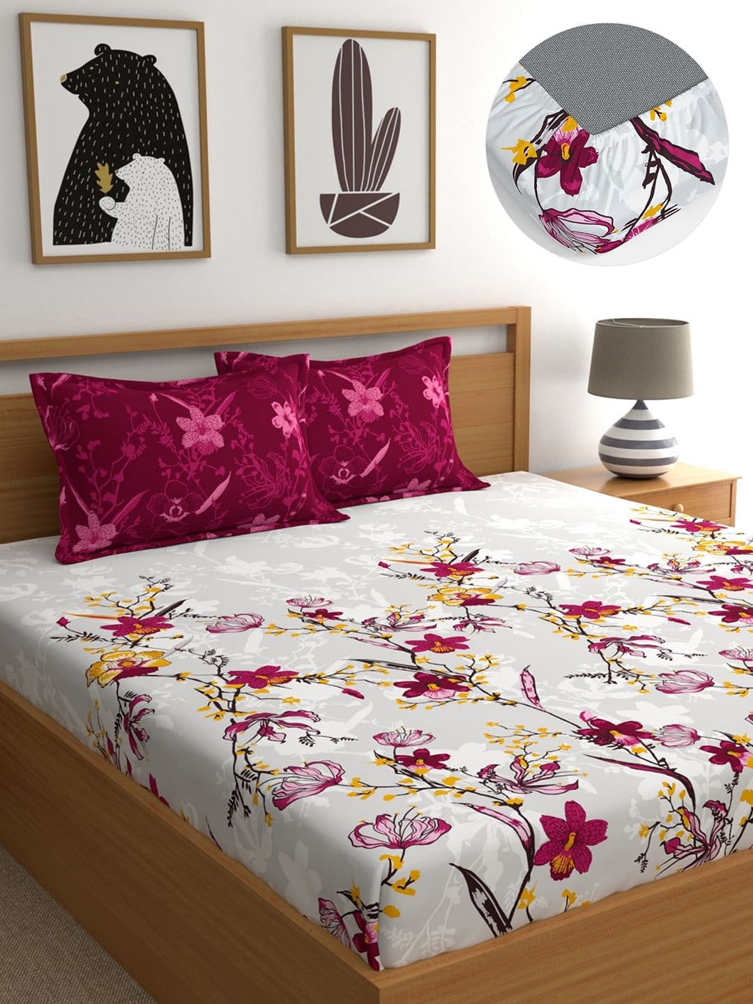 Dreamscape Dreamscape Pink Floral Cotton 140 TC King Fitted Bedsheet with 2 Pillow Covers-72x78inches