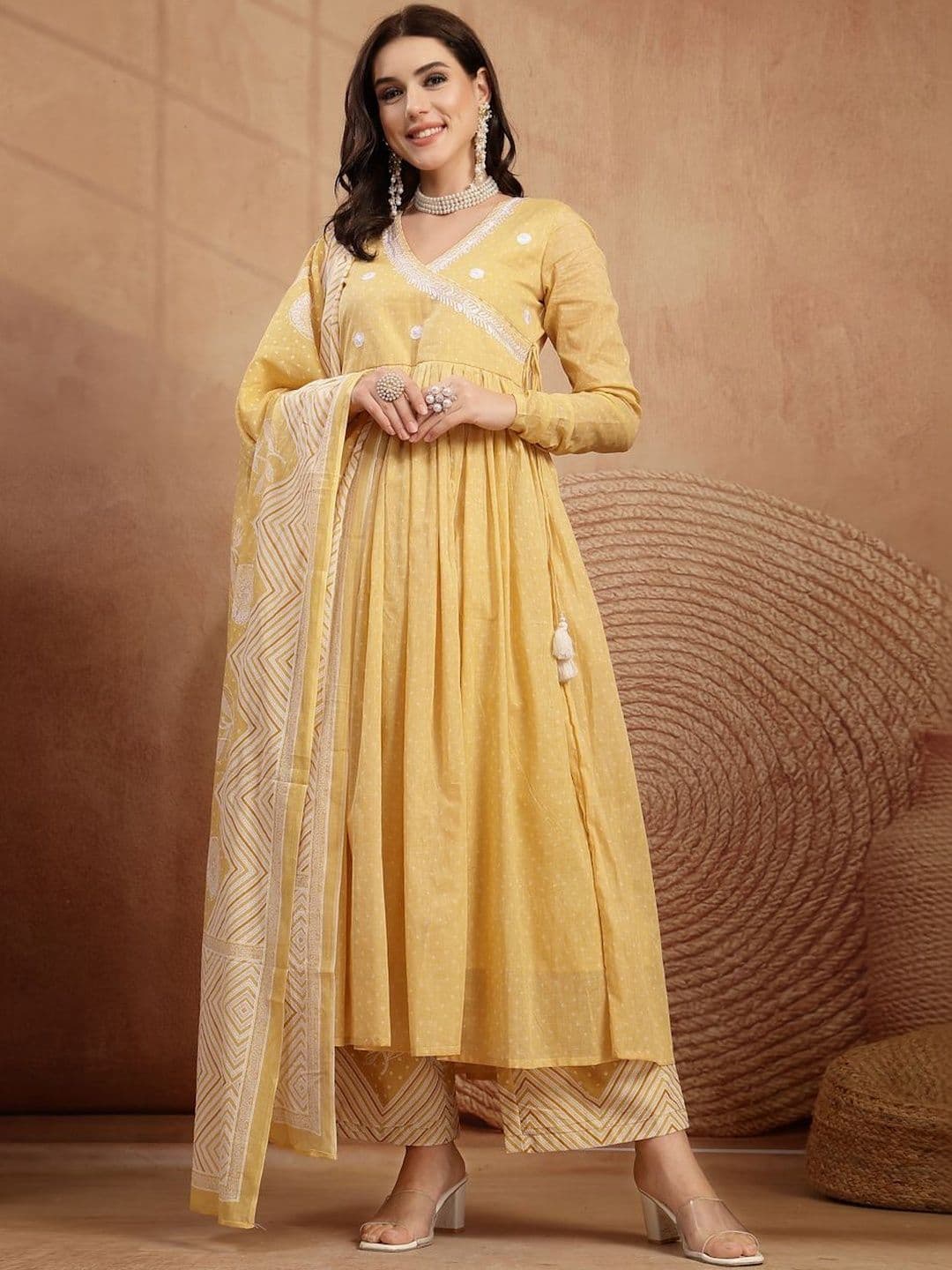 Kurta Set KIMAYRA Women Ethnic Motifs Printed Angrakha Pure Cotton Kurta with Palazzos & With Dupatta
