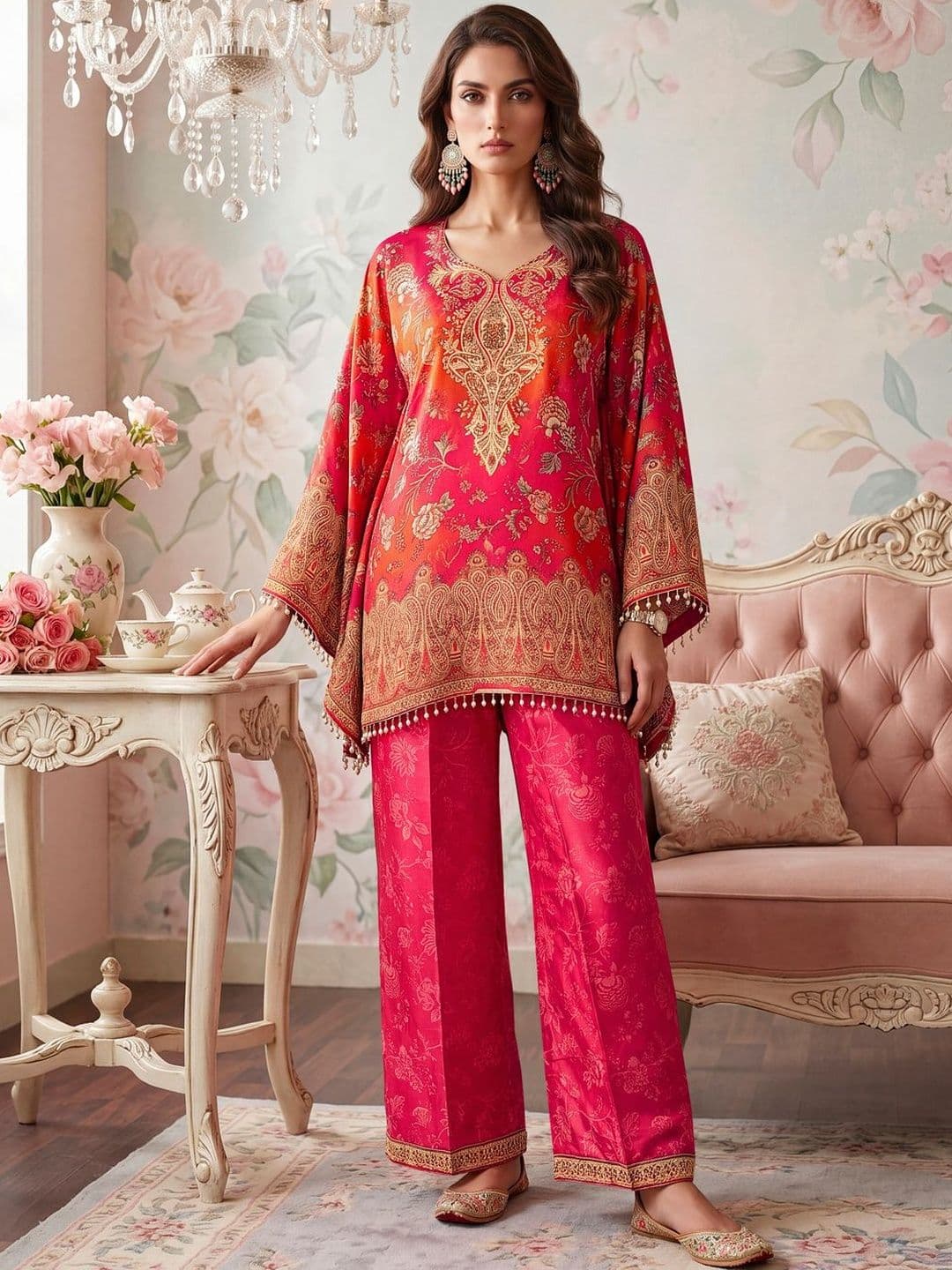 Floral Printed Co-Ords Inddus Floral Silk Printed Top with Palazzos