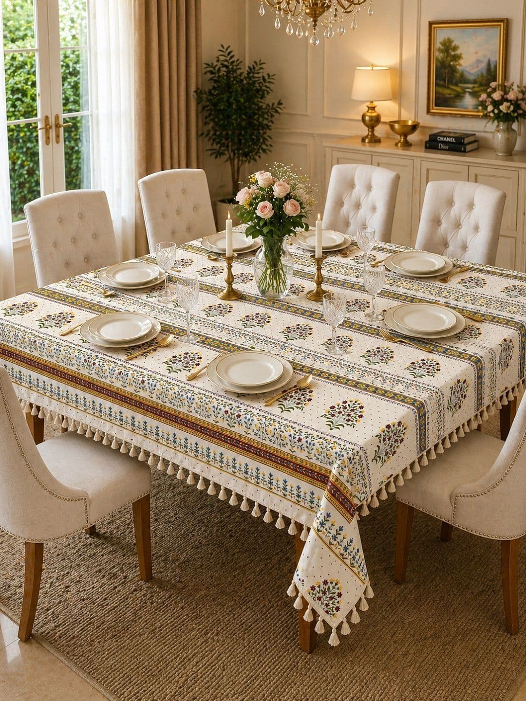 RRC RRC Cream-Coloured Set of 6 Floral 6-Seater Table Cover