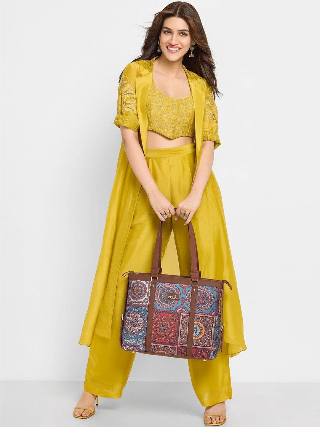 ZOUK ZOUK Brown Ethnic Motifs Printed Laptop Structured Shoulder Tote Bag