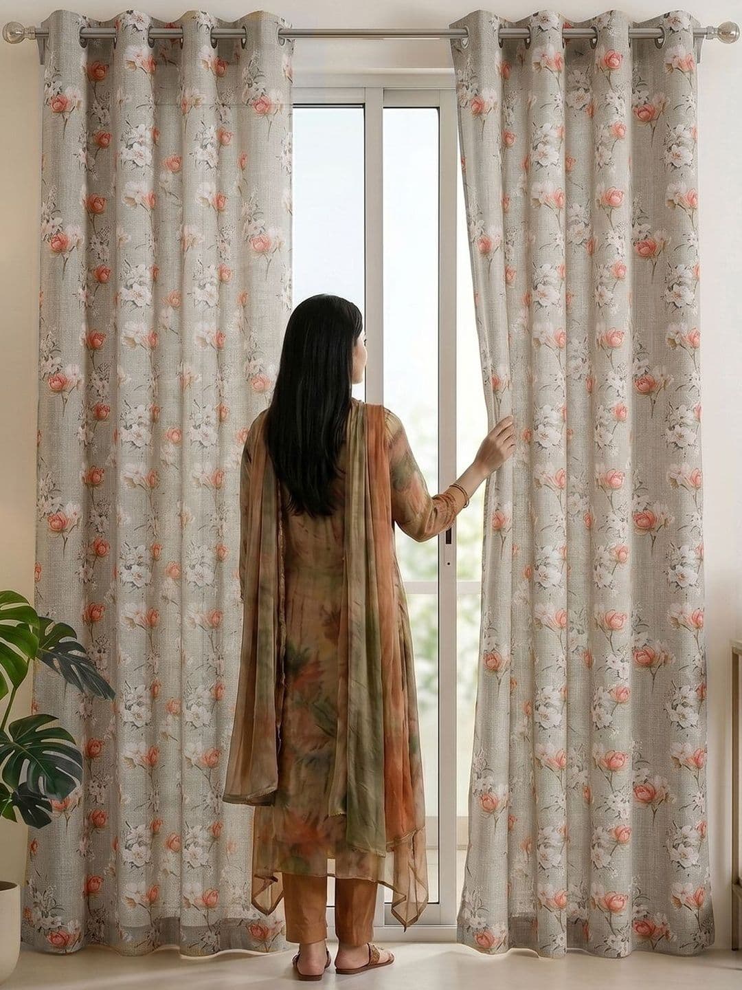 2 Pcs Floral Door Curtains Story@home Aurum Beige & Red 2 Pieces Floral Sheer Door Curtains