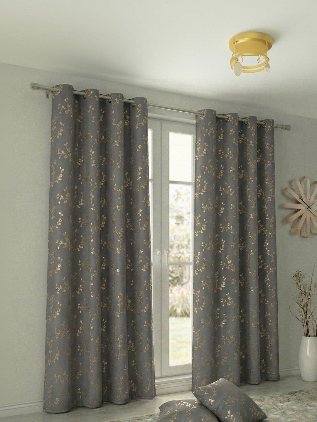 Home Spark Home Spark Grey Melange Set of 2 Floral Room Darkening Long Door Curtain