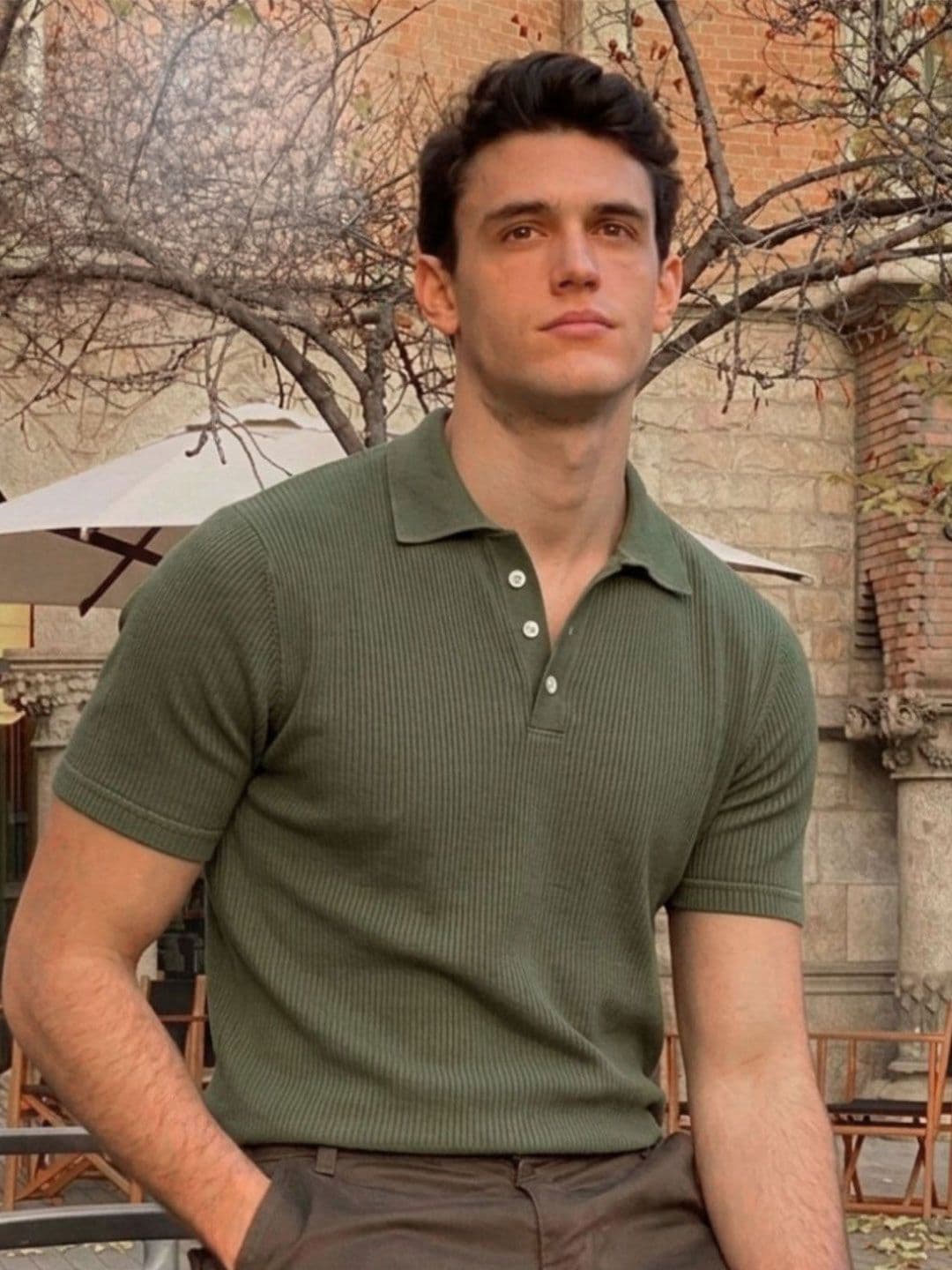 Rigo Rigo Men Army Green Self-Textured Polycorduroy Cut Away Collar Half Sleeve Polo T-Shirt