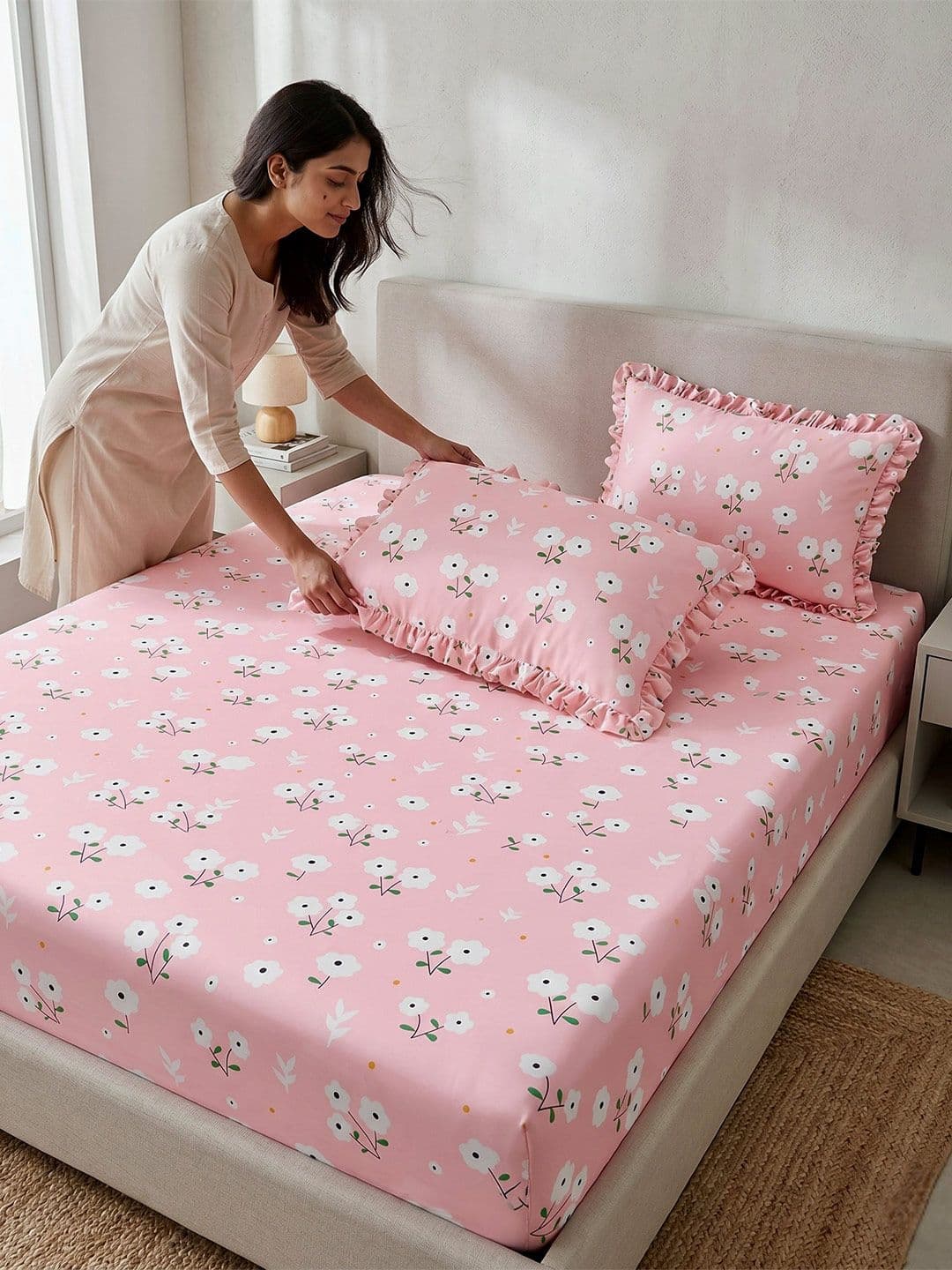 Bedsheet with 2 Pillow Covers DREAM WEAVERZ Pink Floral 260TC Fitted King Bedsheet with 2 Pillow Covers 2.35 m x 2.55 m