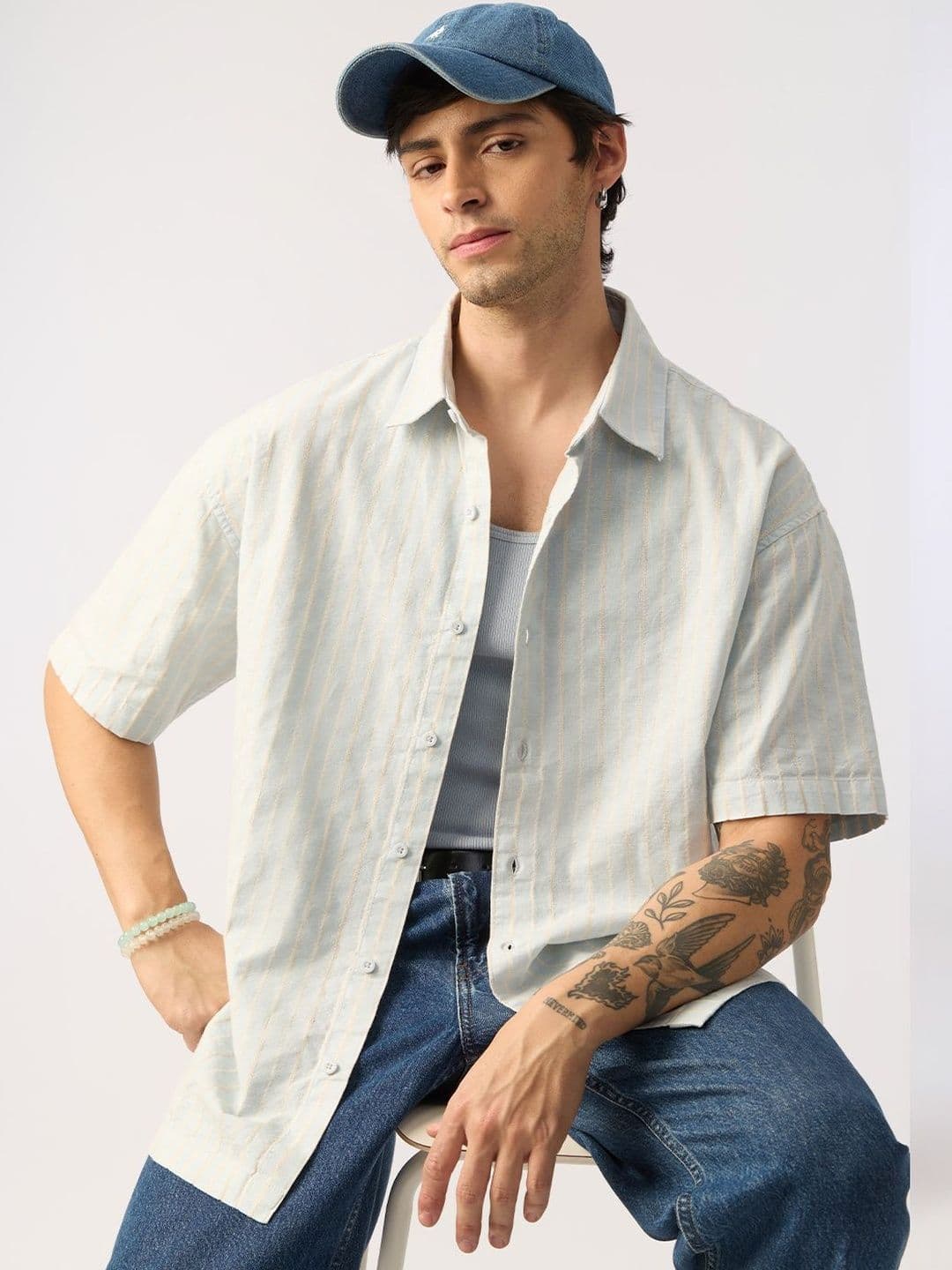 The Souled Store The Souled Store Men Oversized Fit Striped Blue Cotton Linen Shirts