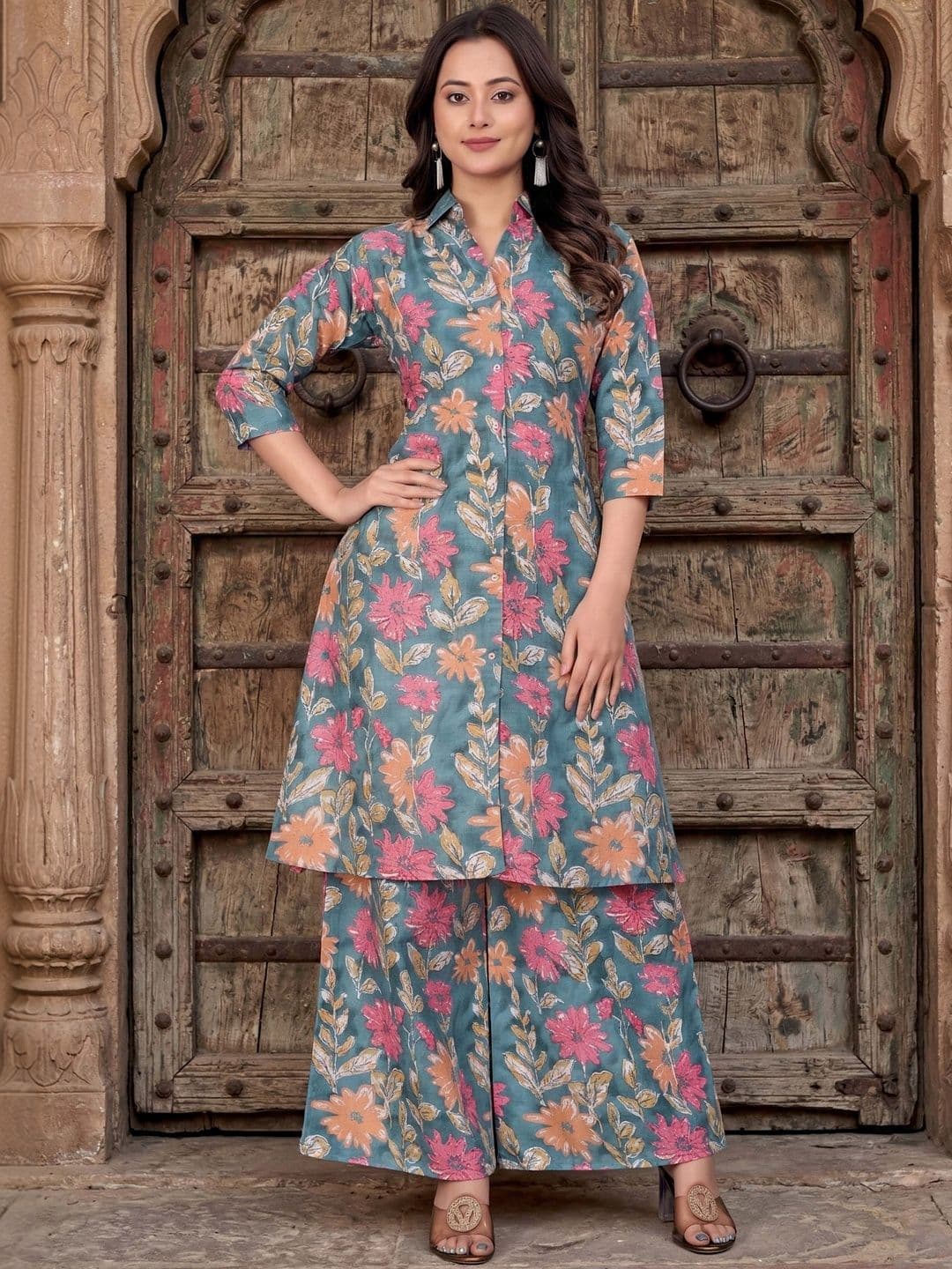 HERE&NOW HERE&NOW Floral Cotton Printed Tunic with Palazzos