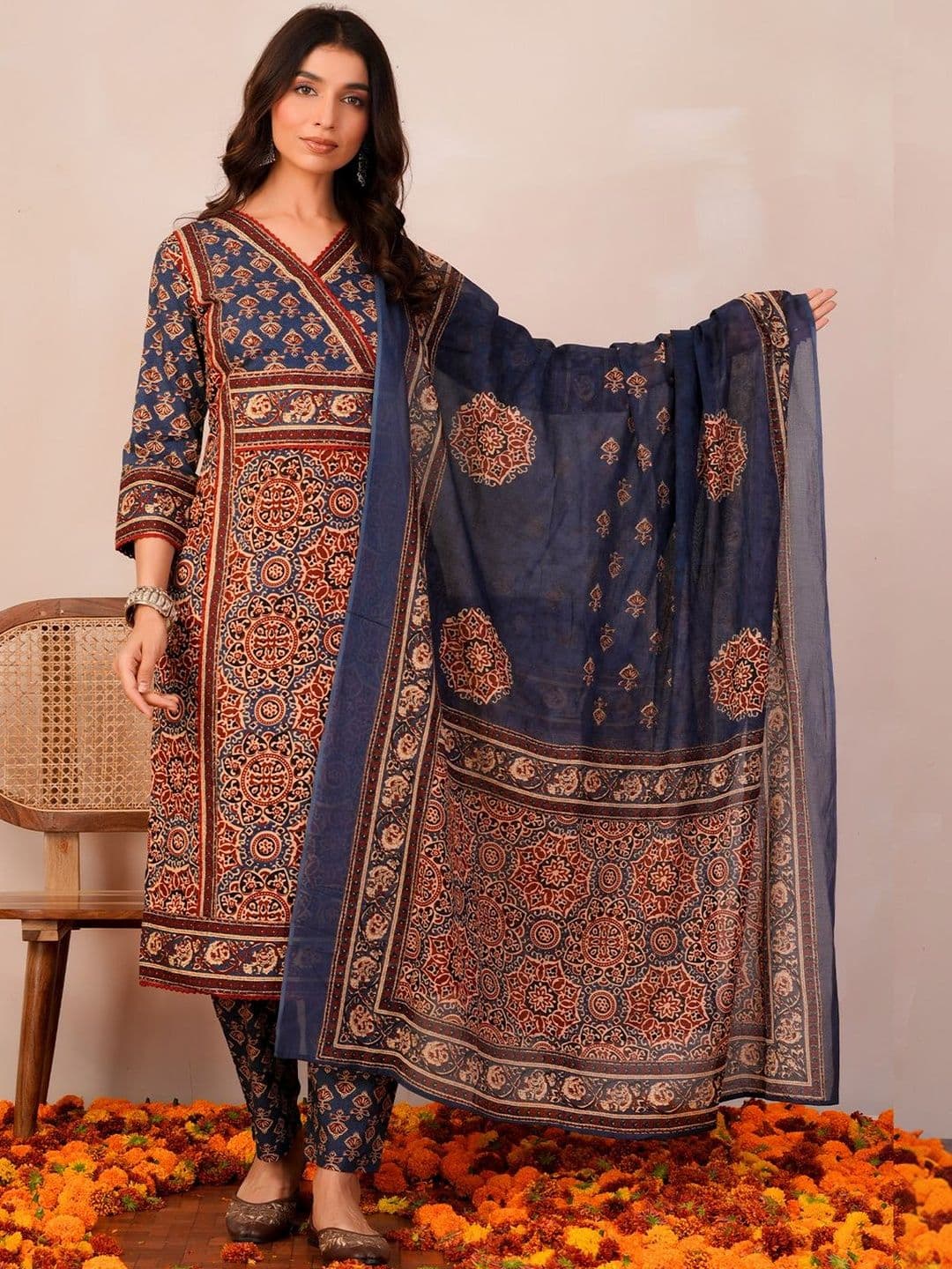 Indo Era Indo Era Women Ethnic Motifs Printed Angrakha Pure Cotton Kurta with Trousers & With Dupatta