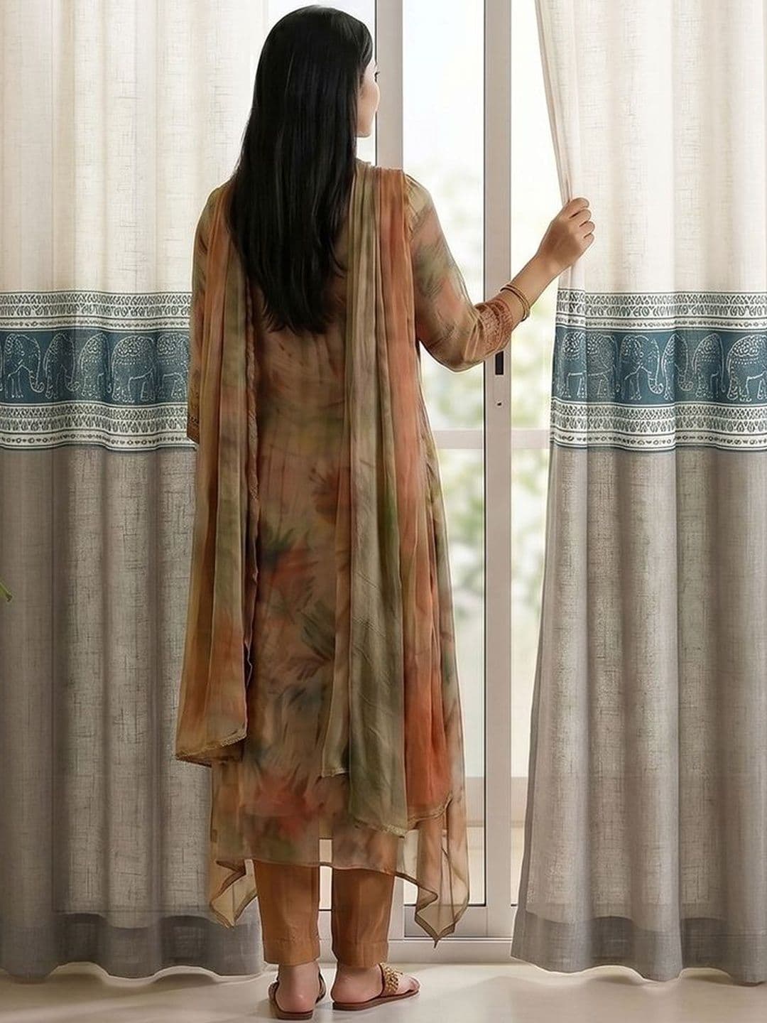 2 Pieces Printed Door Curtains Story@home Aurum White & Blue 2 Pieces Printed Sheer Door Curtains