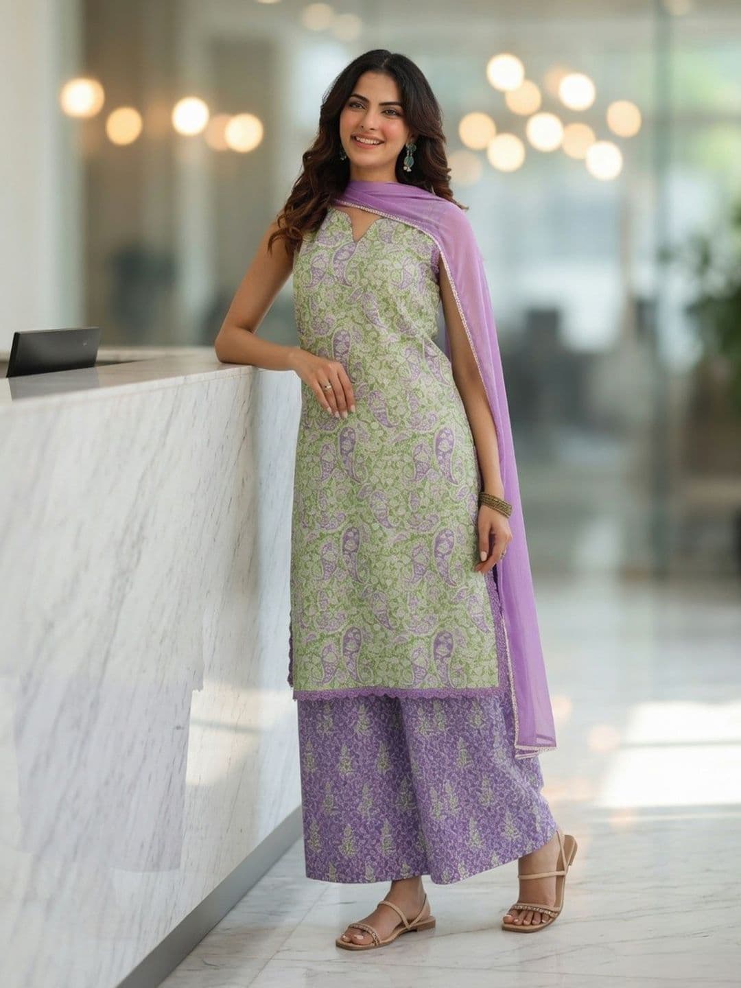 Women Kurta Sets Rain & Rainbow Ethnic Motifs Printed Pure Cotton Kurta with Palazzos & With Dupatta