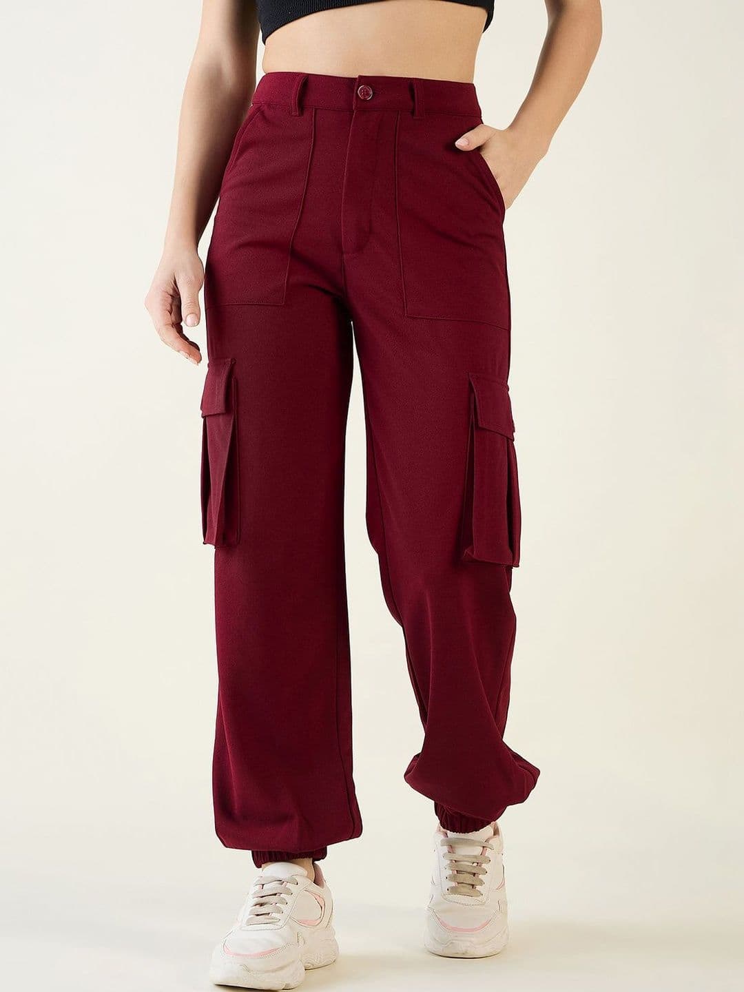aayu aayu Women Relaxed Loose Fit High-Rise Wrinkle Free Cargos Trousers