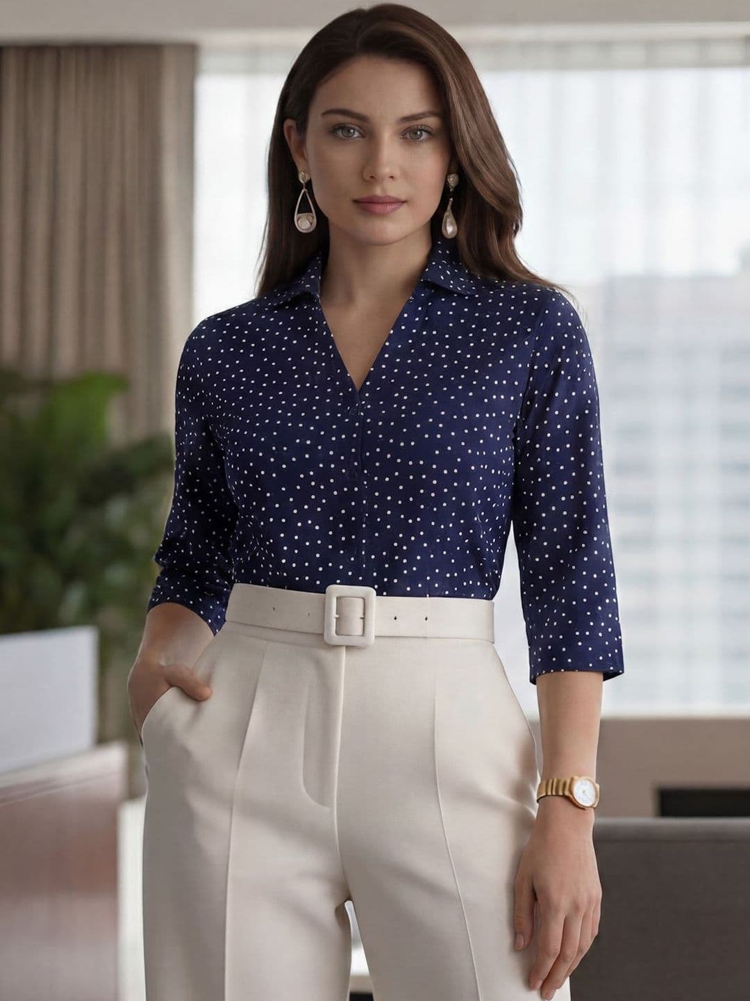 Polka Dot Printed Formal Shirt Style Quotient Women Navy White Polka Dot Printed Formal Shirt