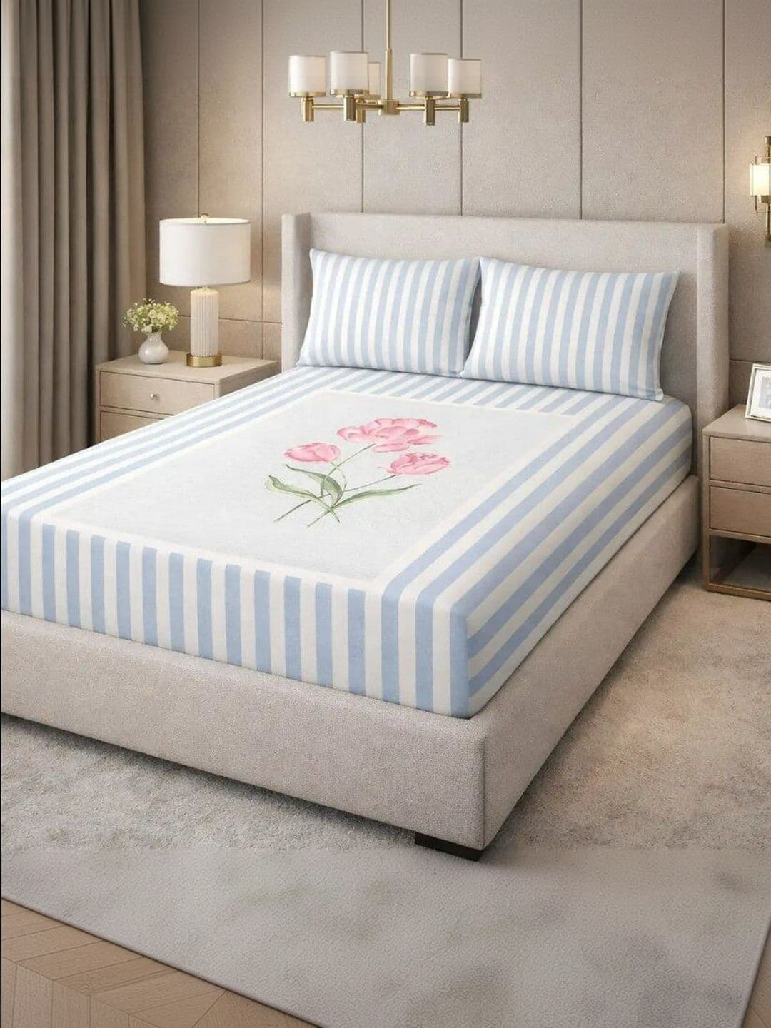 JASHAN JASHAN Blue Floral Printed 210 TC Pure Cotton Bedsheet with 2 Pillow Covers-2.28m x 2.54m
