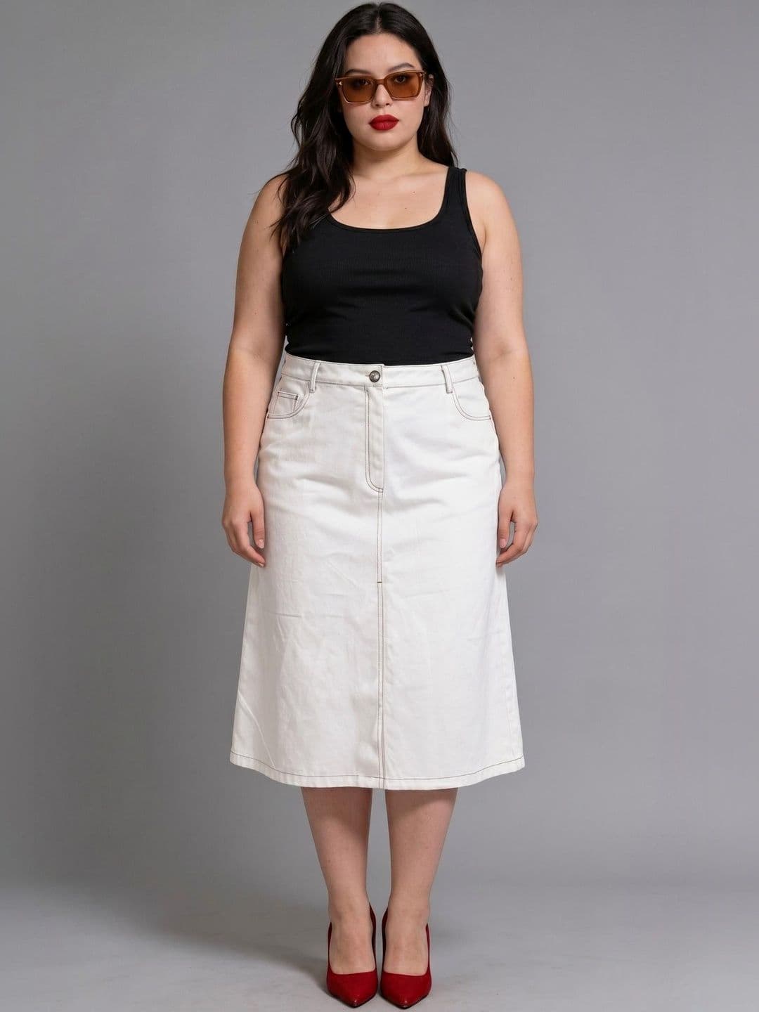 Women Pure Cotton Midi A-Line Skirt Virgio Women Women Pure Cotton Front Slit Midi A-Line Plus Size Skirt