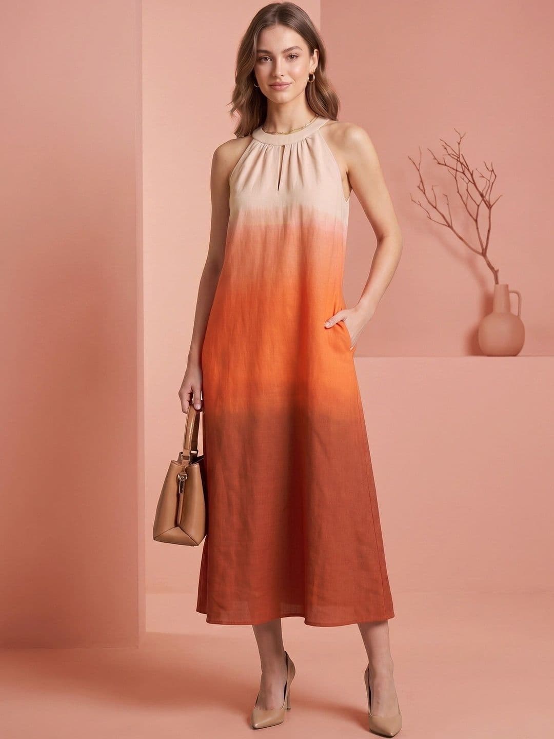 all about you all about you Dyed Halter Neck Linen Blend Midi Dress