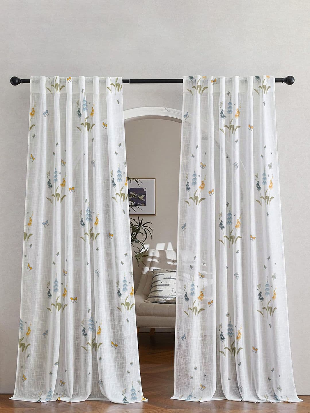 2Pieces Floral Window Curtains Tranquebar Home Set of 2- Titli Sheer Window Curtains - 5 Feet