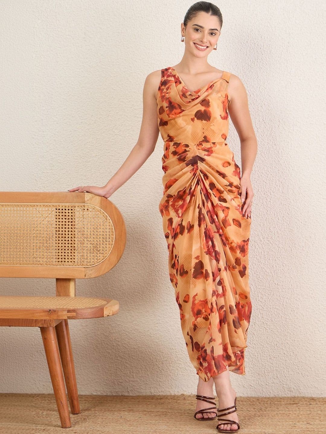 Antheaa Antheaa Print Cowl Neck Chiffon Sheath Midi Dress