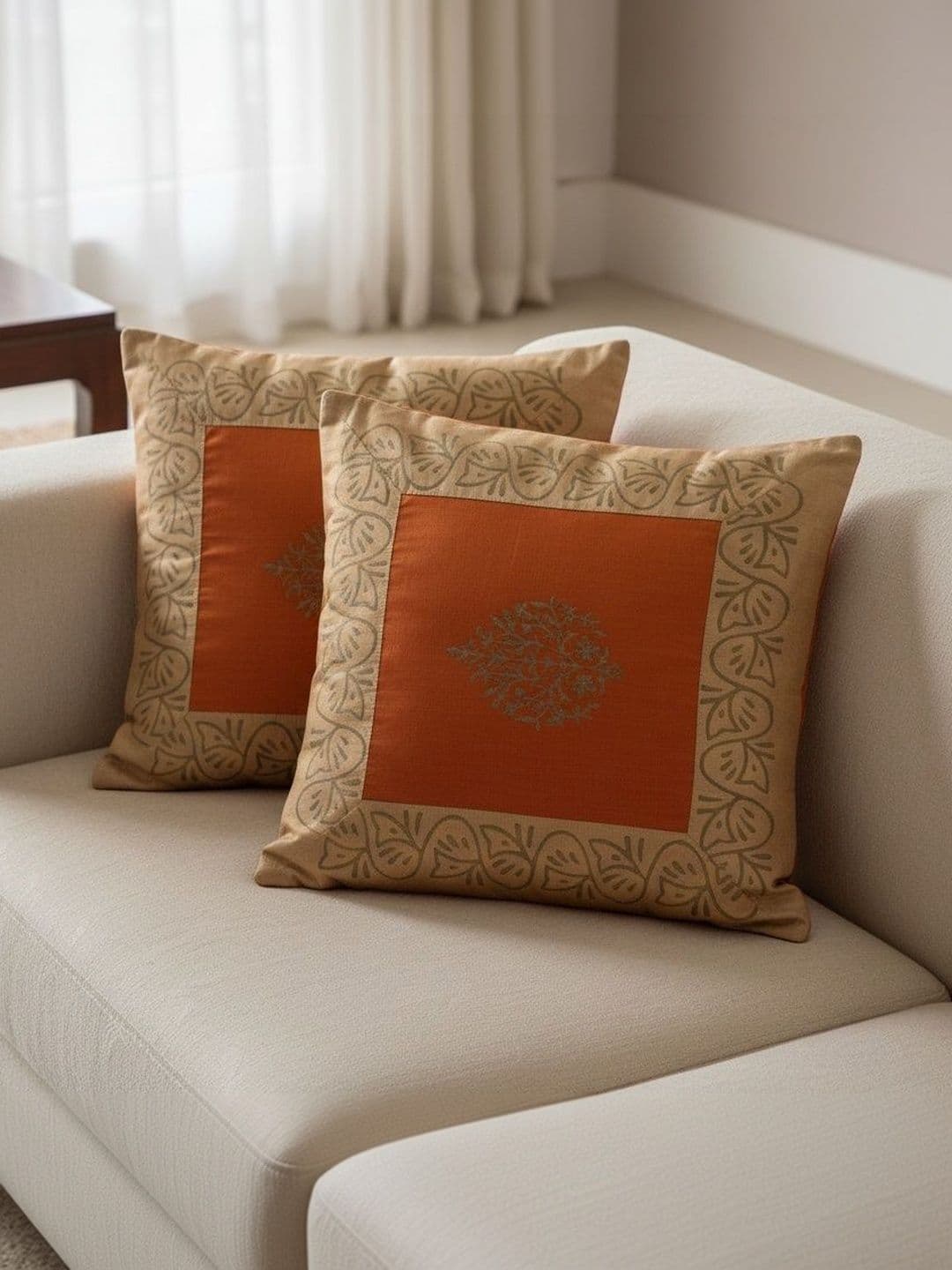 Themes Furnishings & Decor Themes Furnishings & Decor Orange & Beige Set of 2 Floral Square Cushion Covers