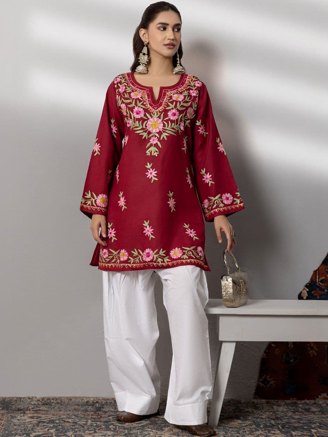 Cotton Floral Kurta HOUSE OF KARI Women Maroon Floral Embroidered Thread Work Indie Florals Jacquard Cotton Kurta