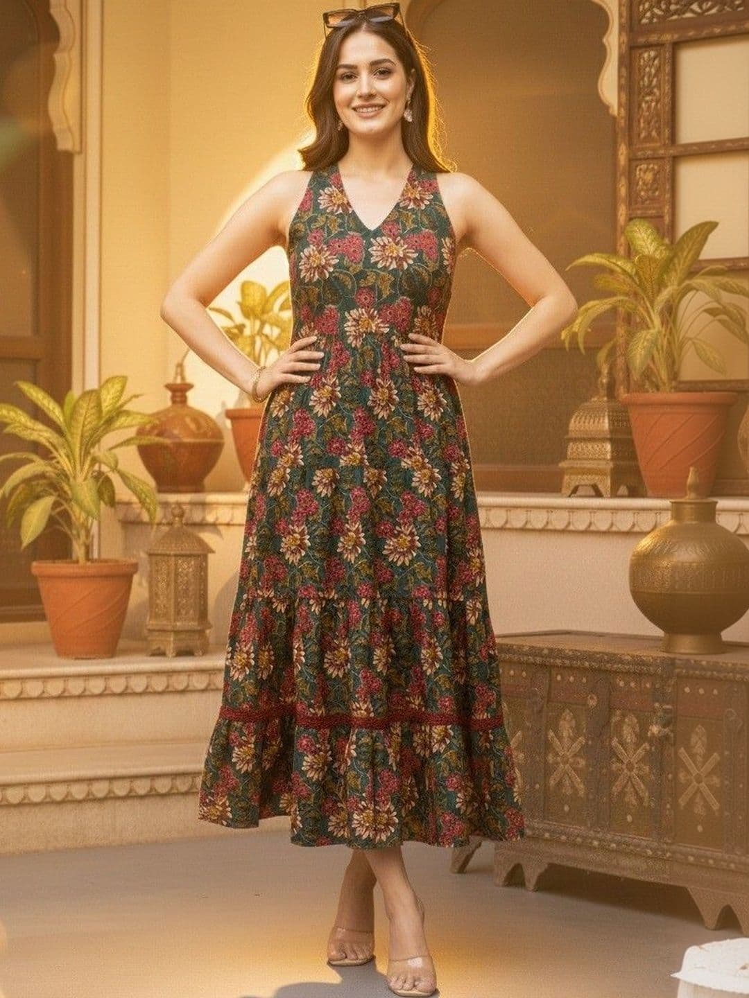Demirner Demirner Women Floral Printed Halter Neck A-Line Ethnic Dress