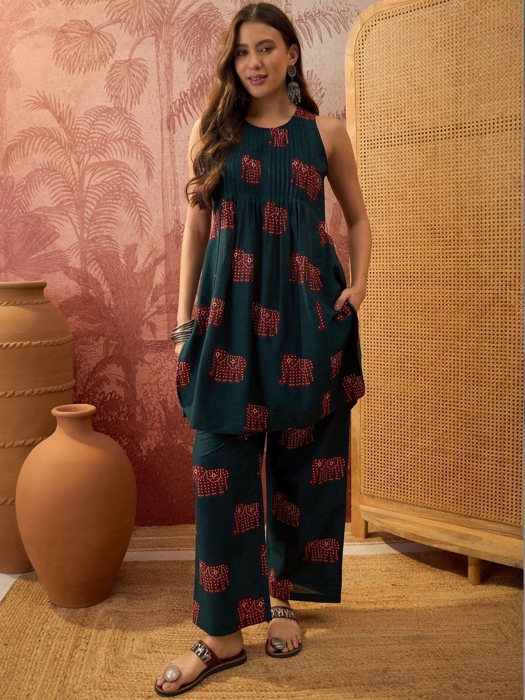 Sangria Sangria Romantic Florals Cotton Printed Tunic with Palazzos