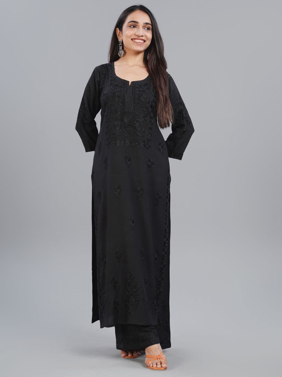 Embroidered Kurta Set colorkosh Ethnic Motifs Embroidered Notch Neck Chikankari Kurta With Palazzos