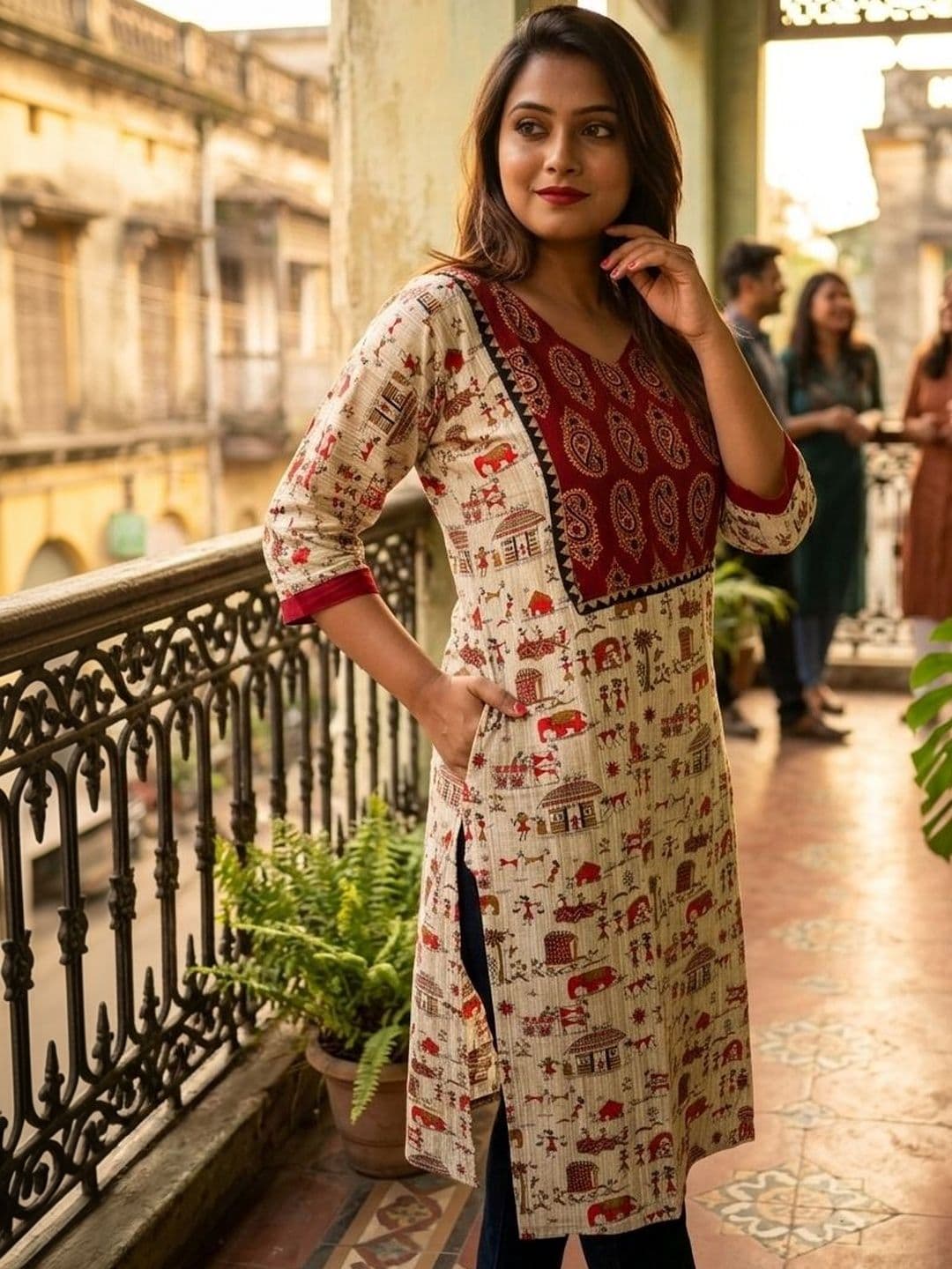 Monamaar Monamaar Ethnic Motifs Printed V-Neck Pure Cotton Blend Kurti