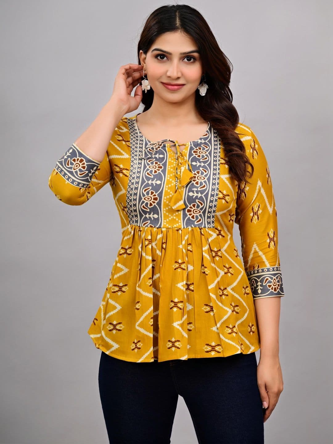 KELWA KELWA Print Tie-Up Neck Ethnic Cotton Peplum Top