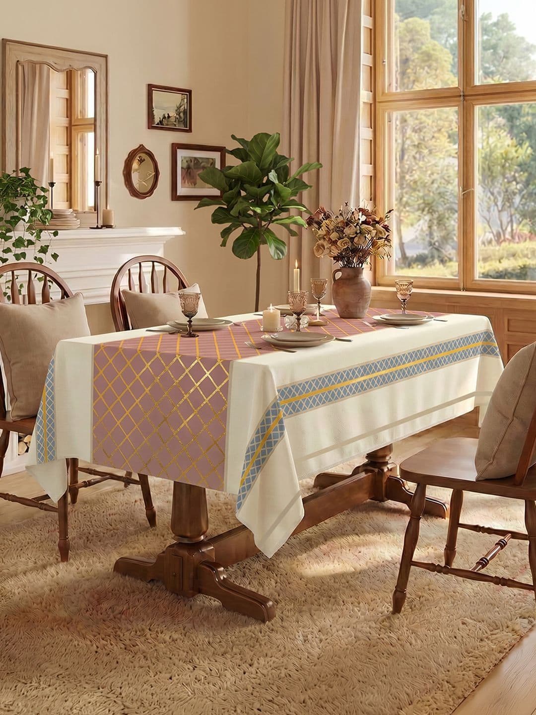 URBAN SPACE URBAN SPACE Pink Floral Anti-Skid Cotton 6-Seater Table Cover with Zari details