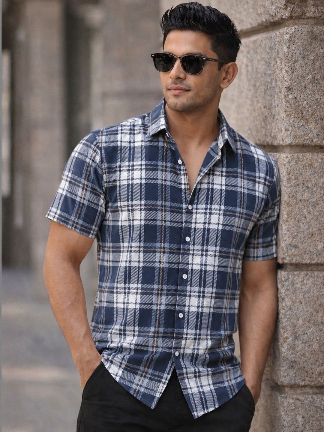 SOLIXON SOLIXON Mens Blue Checkered Half Sleeves Regular Fit Casual Flannel Shirt