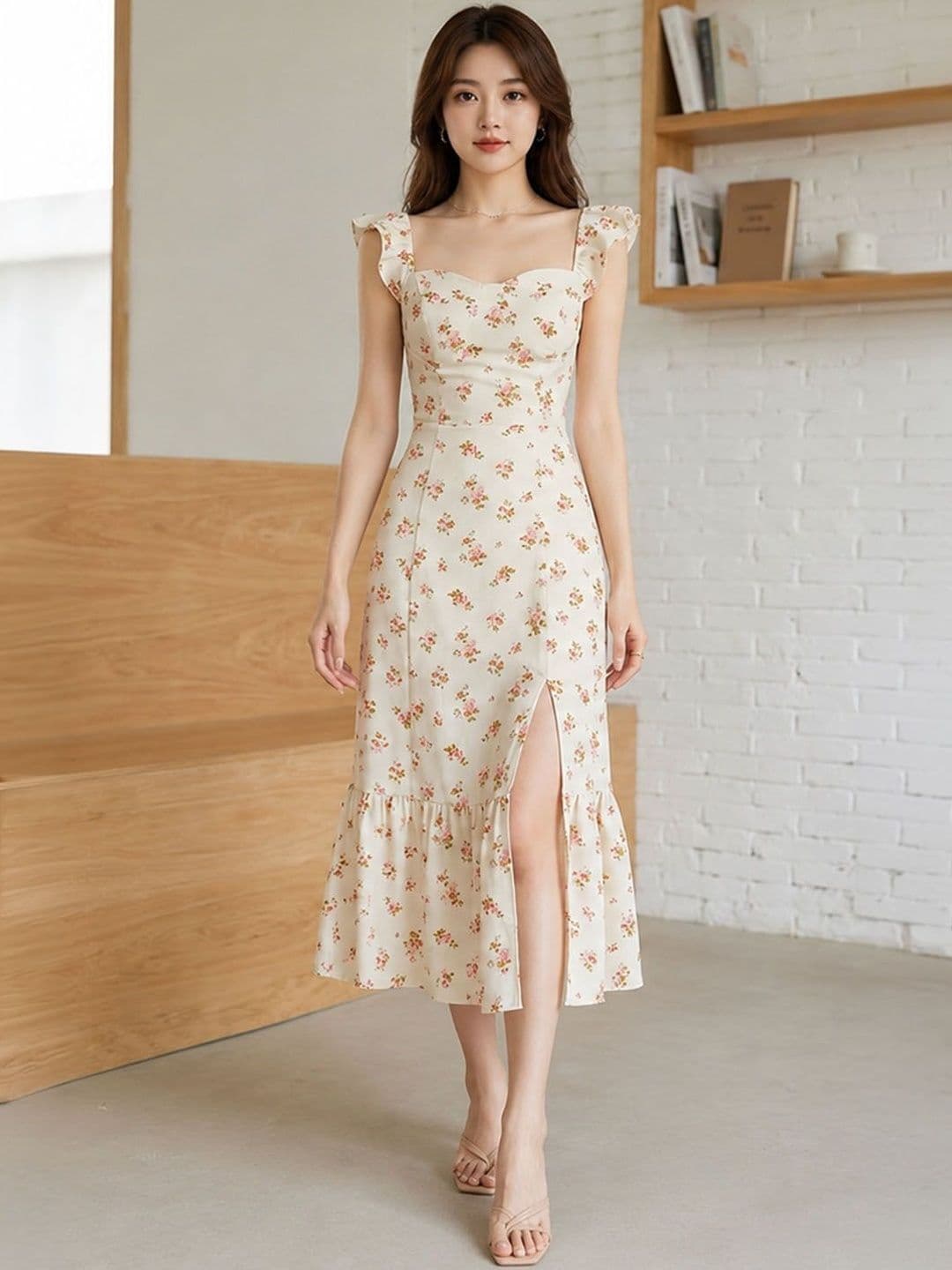 DressBerry DressBerry Floral Print Ruffled Sheath Midi Dress