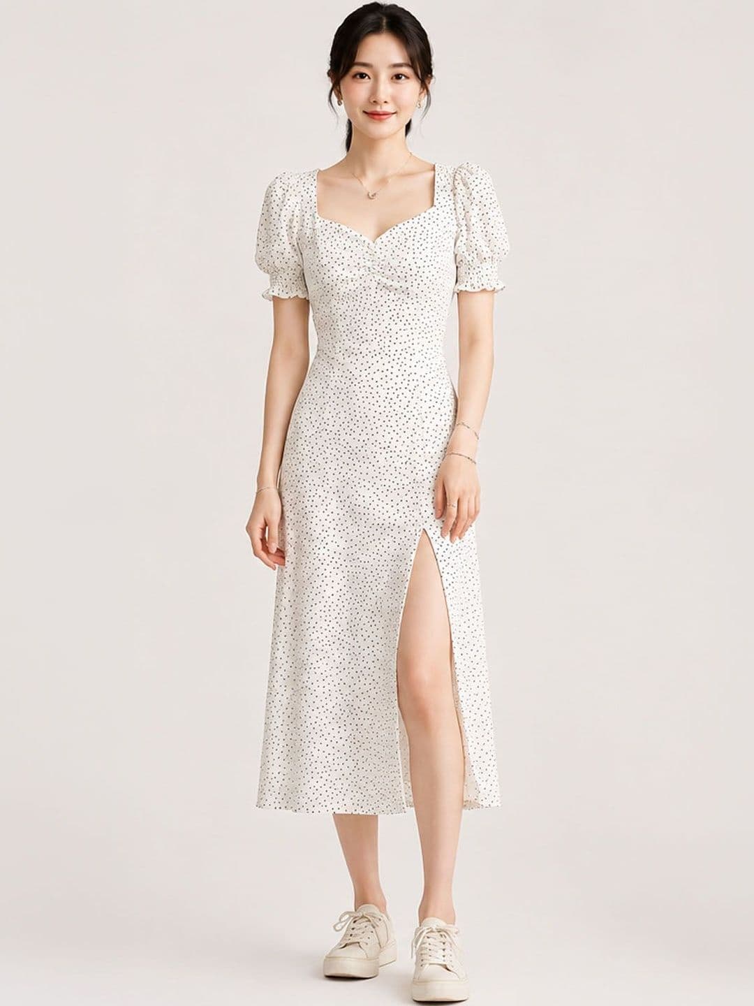 DressBerry DressBerry Polka Dot Print Puff Sleeve Sheath Midi Dress