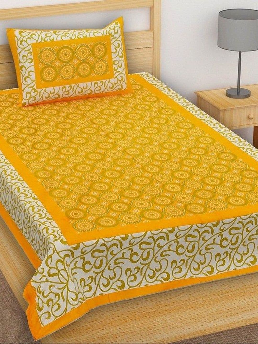 BEST SHEET BEST SHEET Yellow Geometric 160 TC Single Bedsheet with 1 Pillow Covers