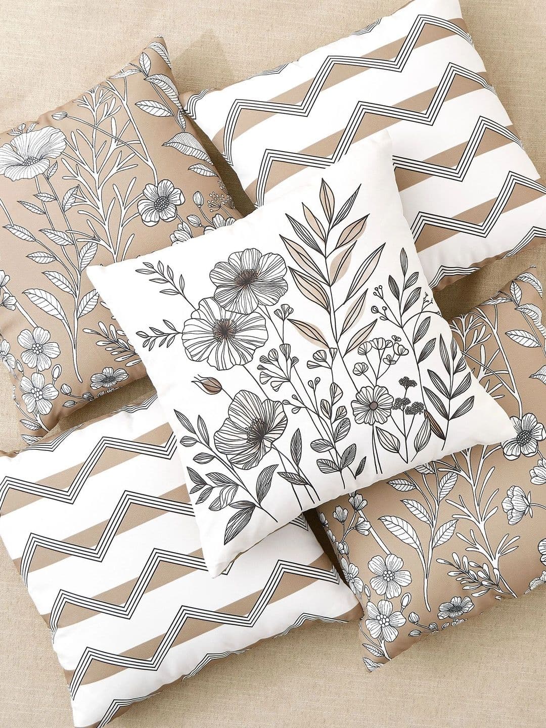Home Centre Home Centre Beige Set of 5 Floral Square Cushion Covers