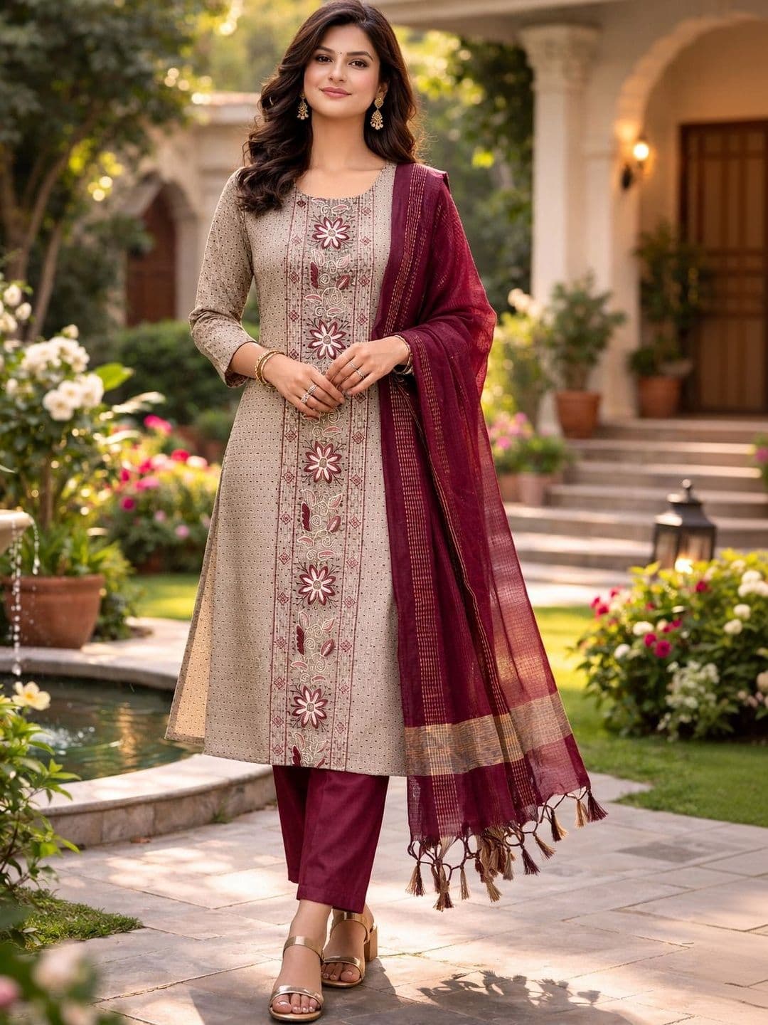 MI Textile MI Textile Ethnic Motifs Embroidered Thread Work Straight Kurta with Trousers & Dupatta