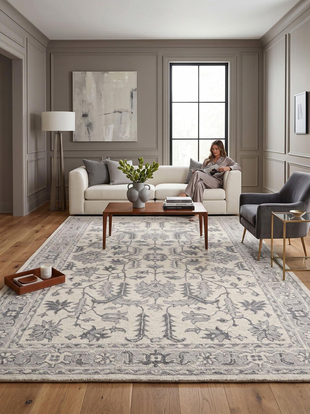 saraswatii global saraswatii global Cream-Coloured & Grey Floral Anti-Skid Woollen Carpet