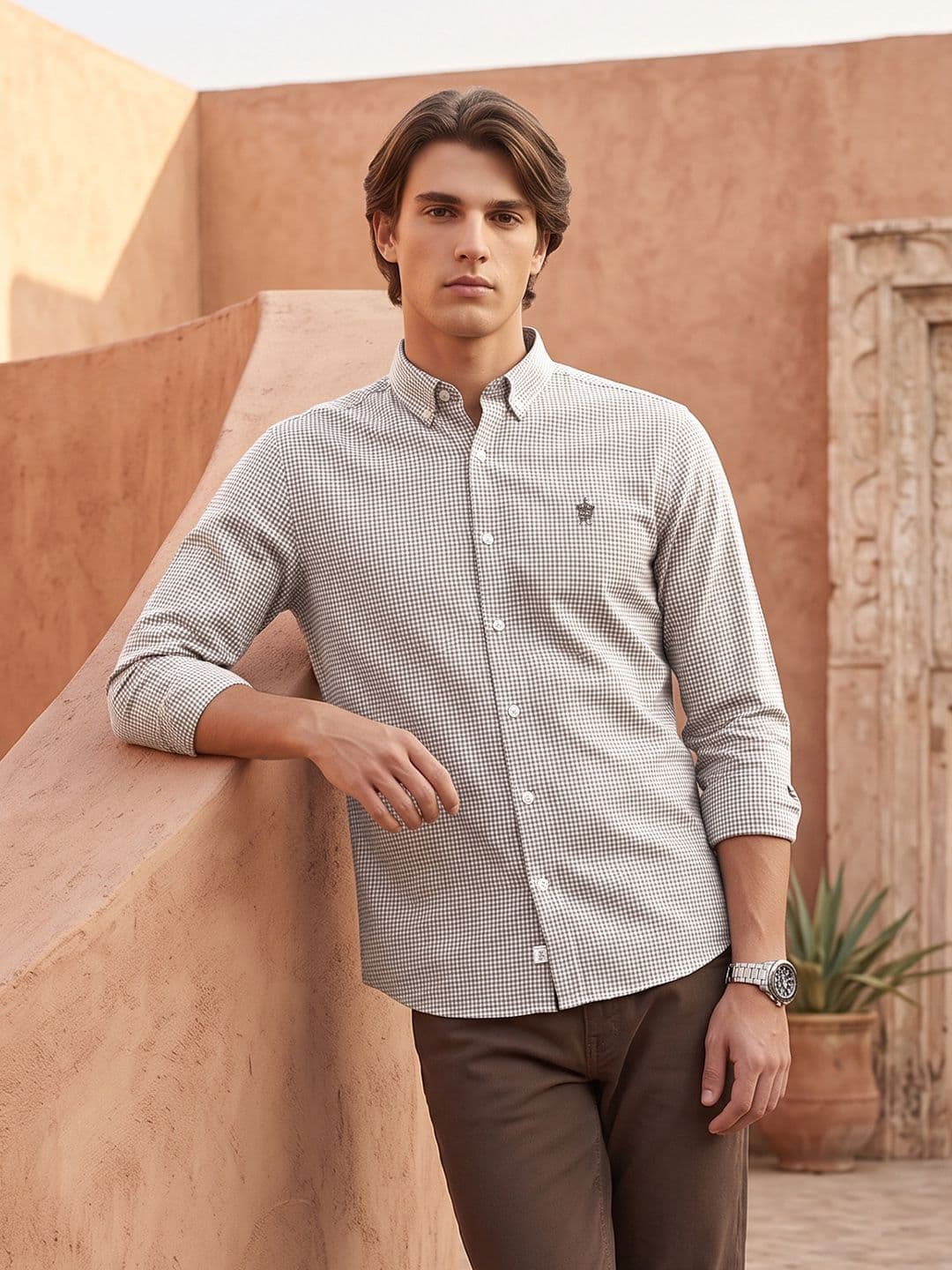 French Connection French Connection Slim Fit Micro Checked Button-Down Collar Cotton Linen Casual Shirt
