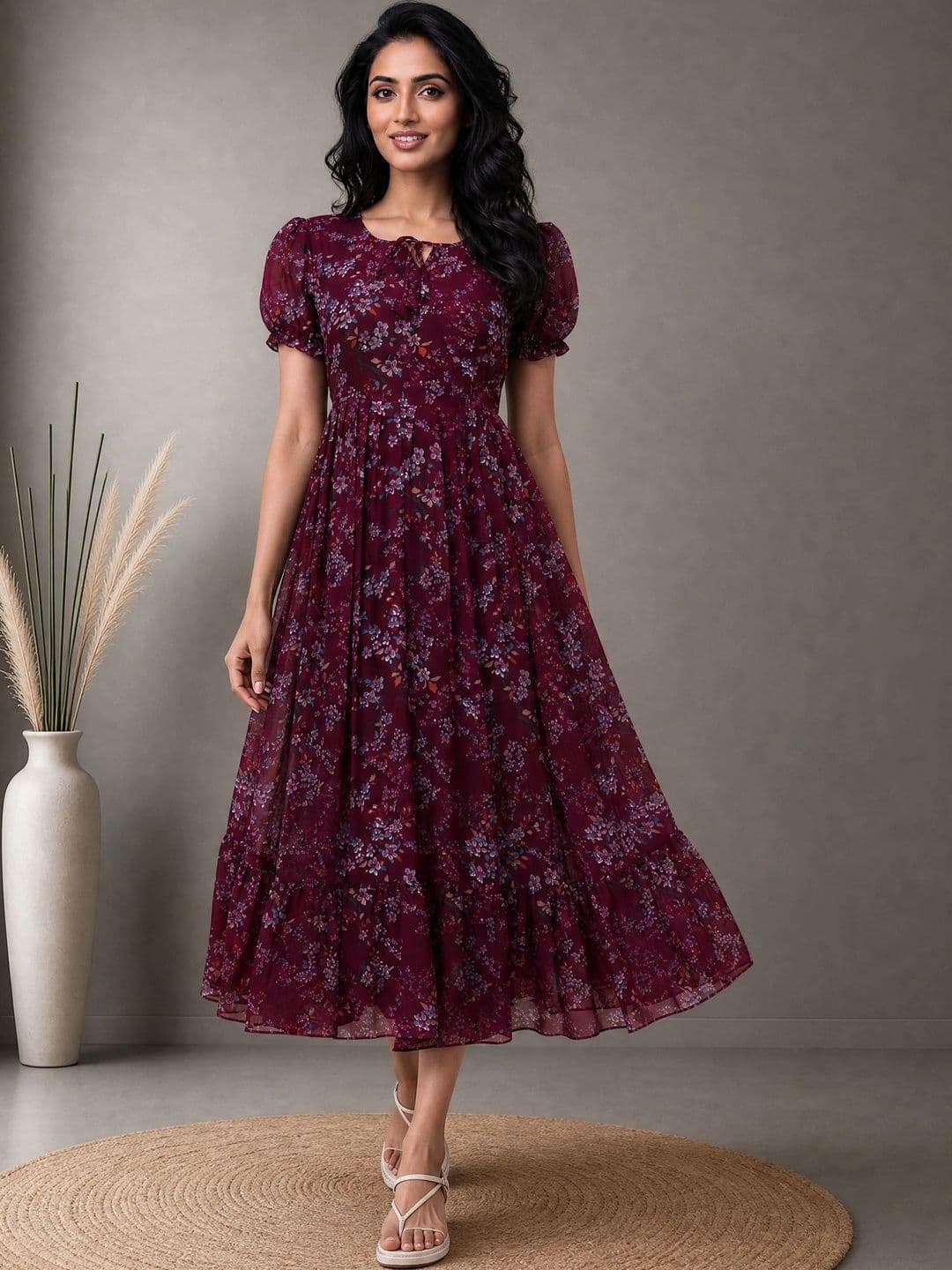 QENA QENA Floral Print Puff Sleeve Ruffled Georgette A-Line Midi Dress