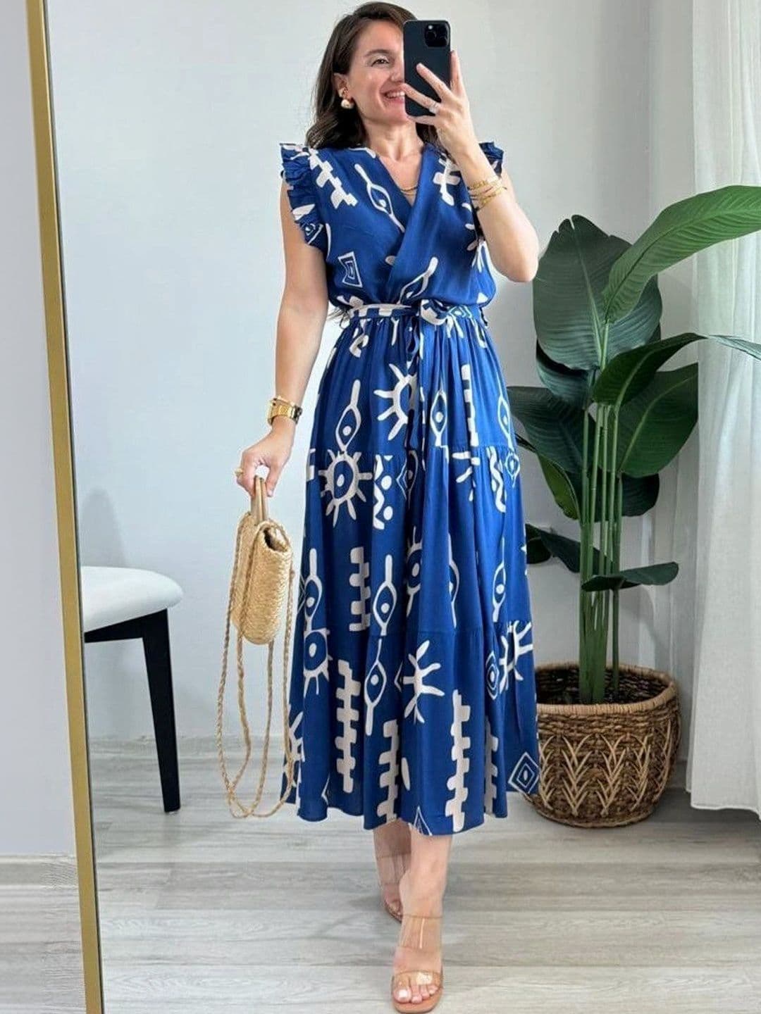 HOUSE OF KALASHAKTI HOUSE OF KALASHAKTI Tribal Print Flutter Sleeve Ruffled Crepe A-Line Maxi Dress