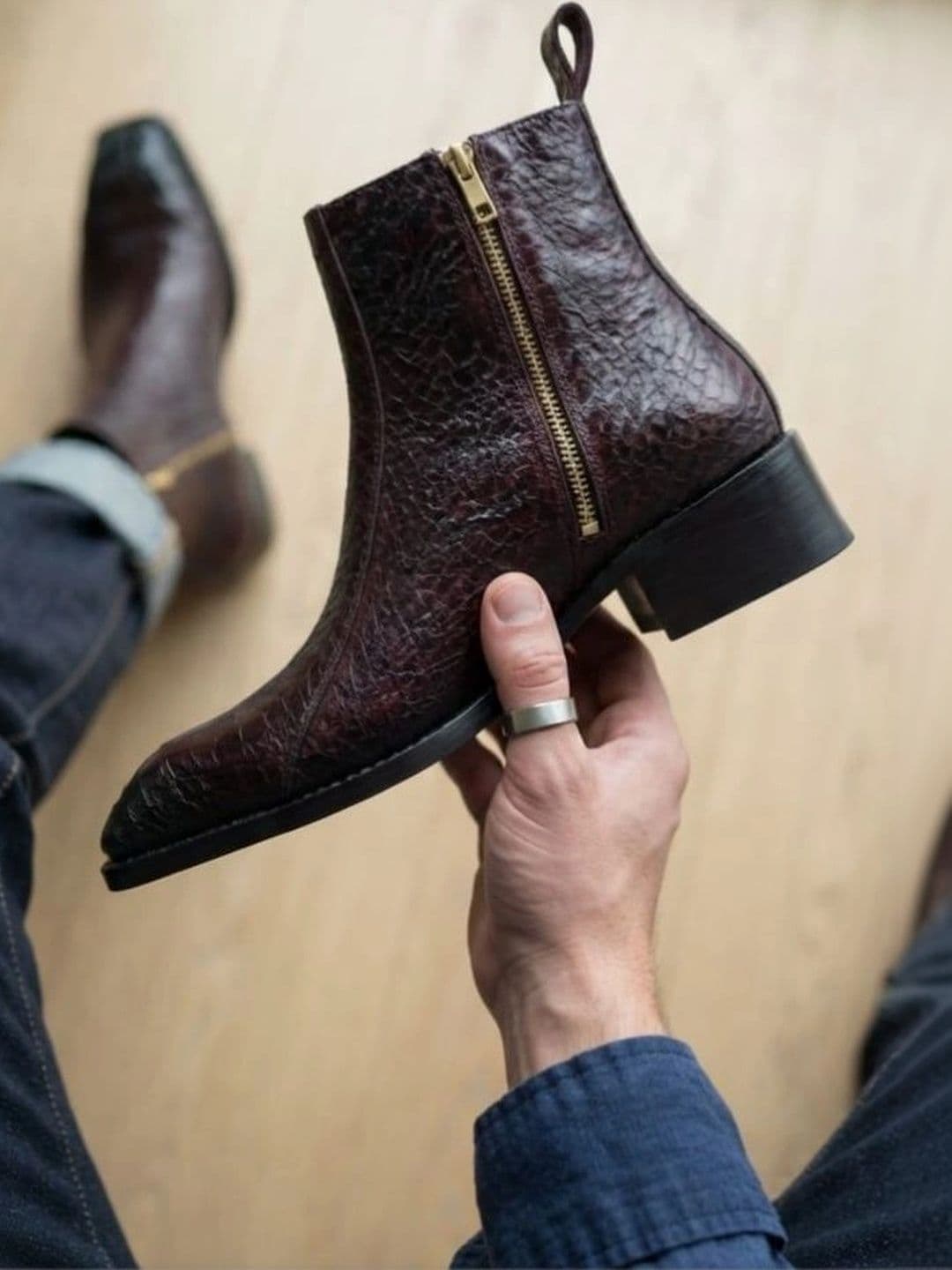 Rooh & Rivet Rooh & Rivet Men Textured Square Toe Zip Regular Boots