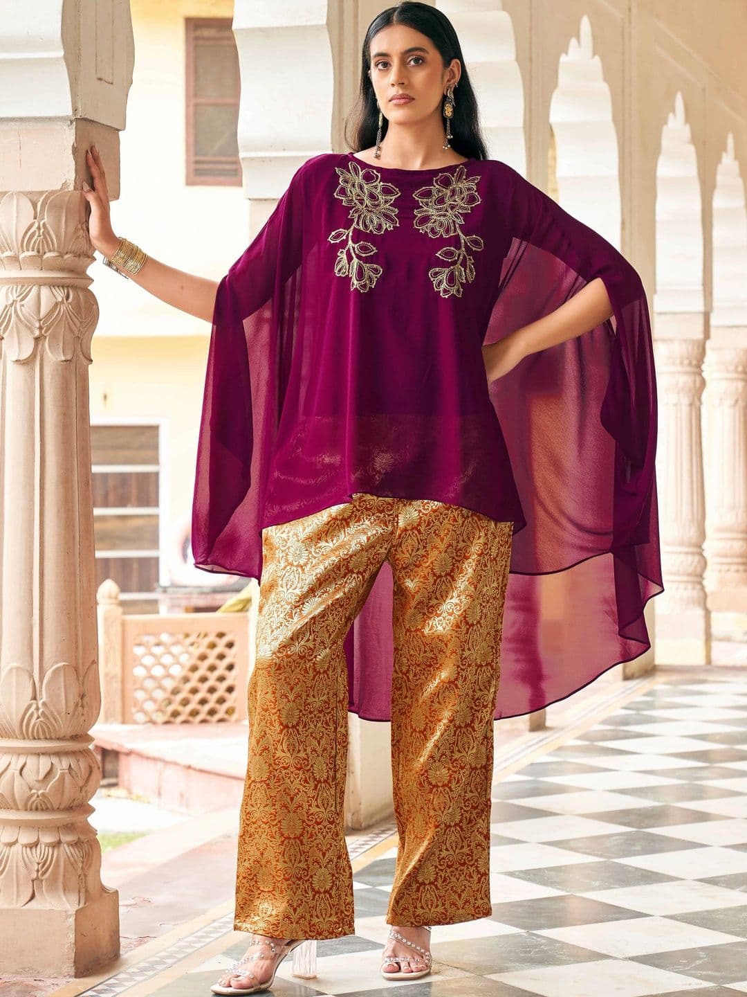 Kaftan Co-ord Set Tikhi Imli Embellished Top with Palazzos