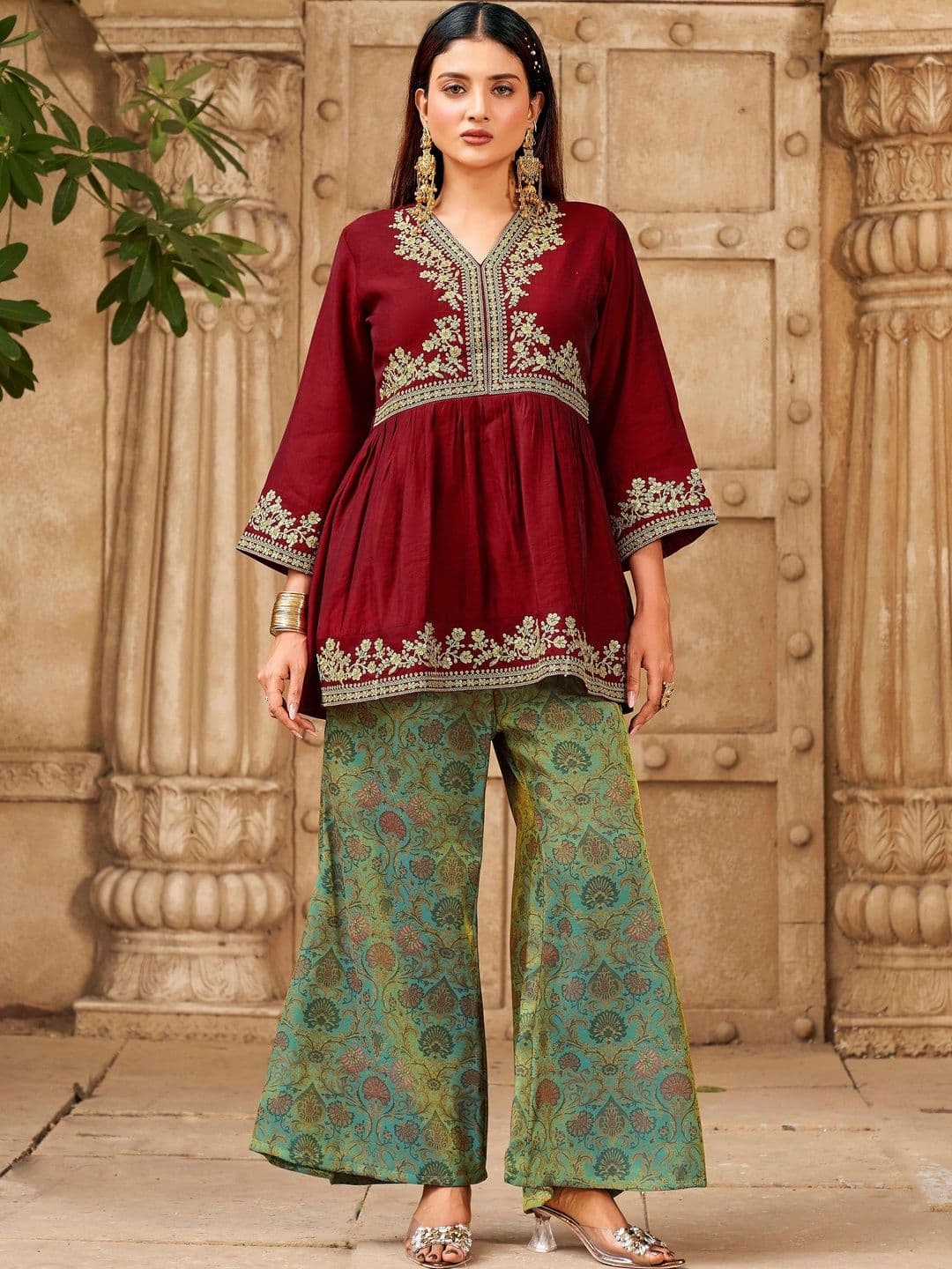 Sequinned Co-ord Set Tikhi Imli Embroidered Top with Palazzos