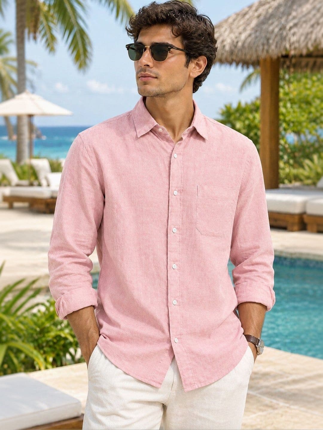 HERE&NOW HERE&NOW Linen Blend Solid Semi Sheer Casual Pink Shirt For Men