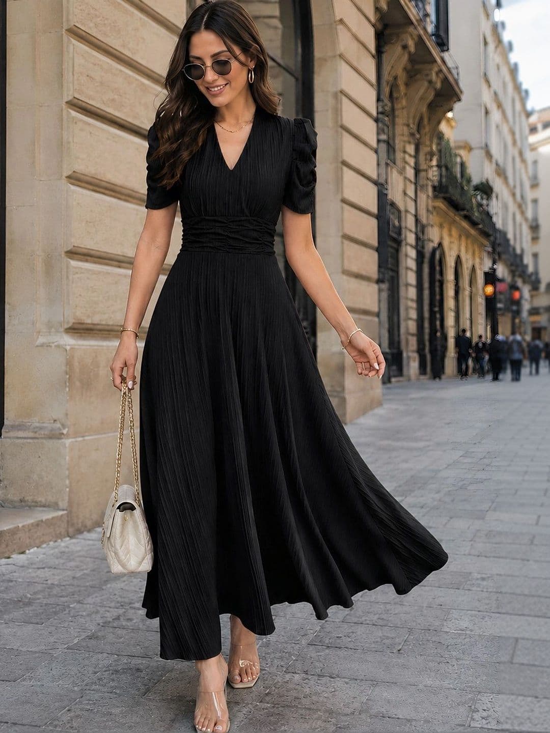 SZN SZN Puff Sleeve A-Line Midi Dress