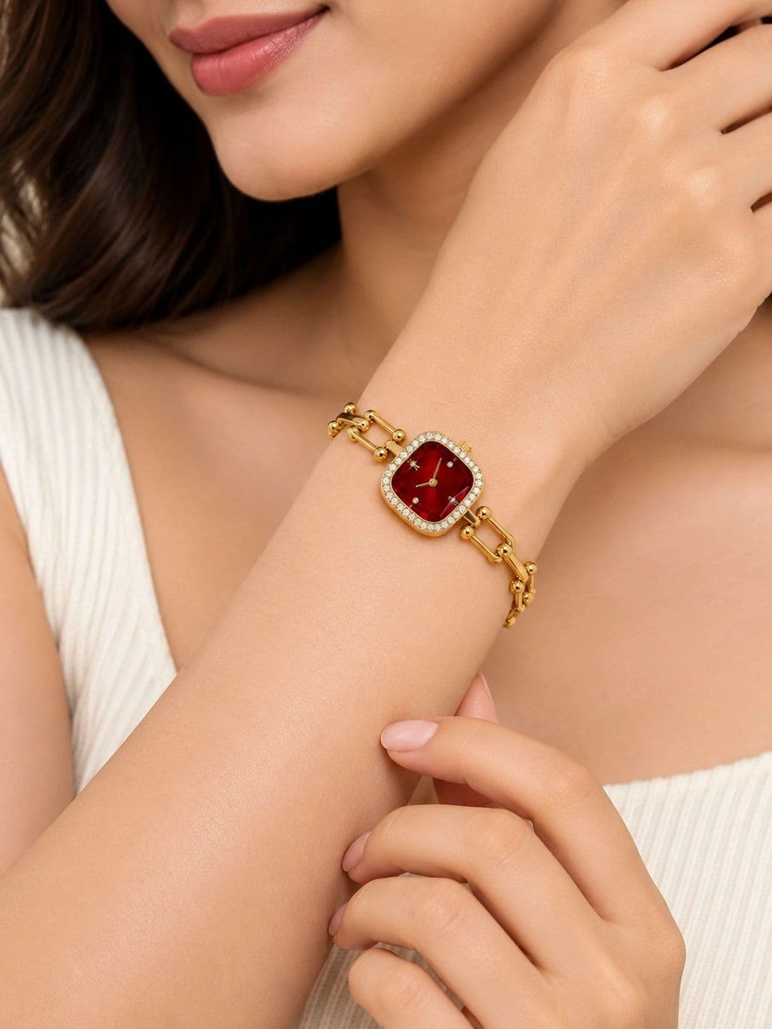 KRYSTALZ KRYSTALZ Unisex Embellished Dial & Stainless Steel Bracelet Style Straps Analogue Watch WTCH-7-RED-GLD